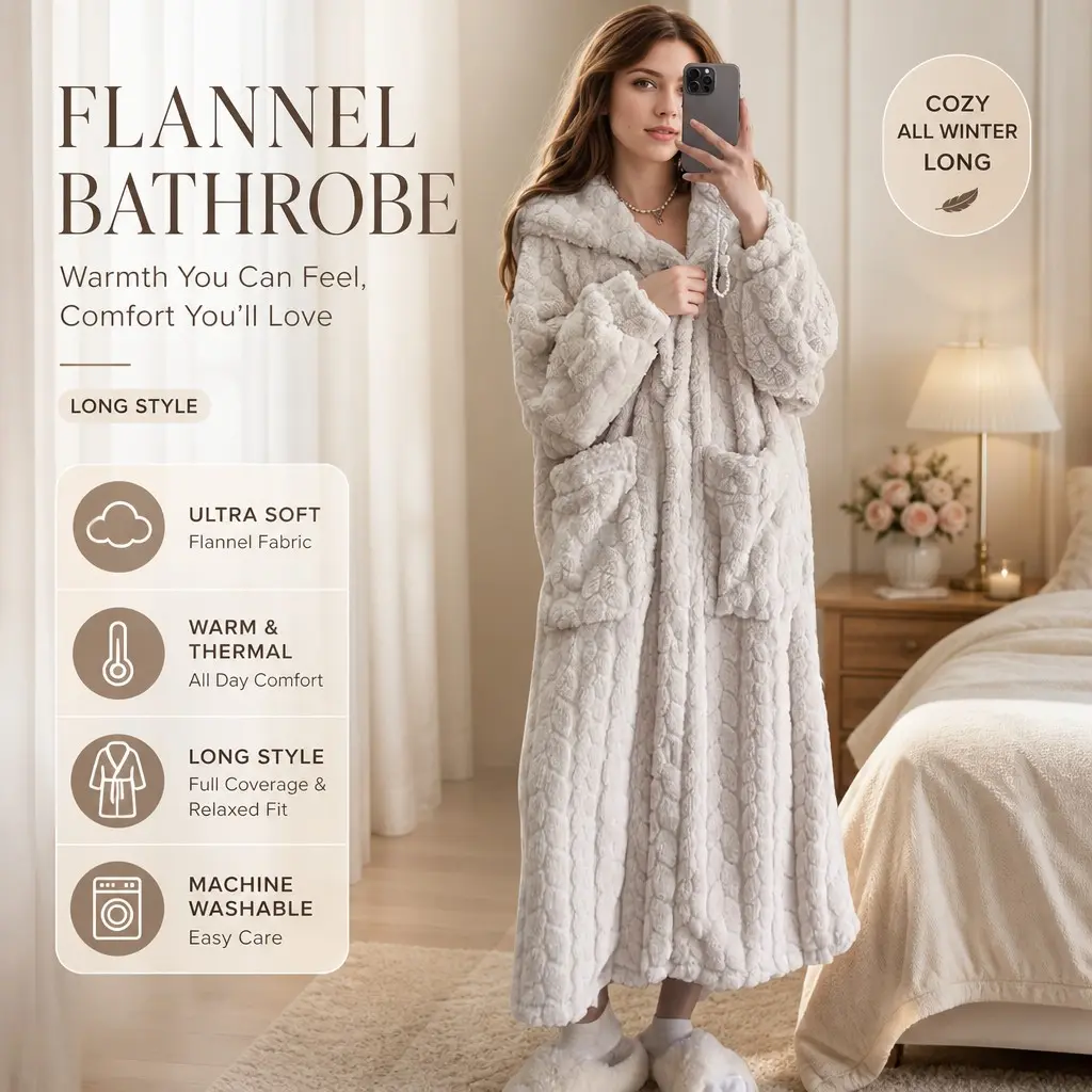 Women's Flannel Pajama Set, Coral Color Long Sleeve Nightgown, Cozy Sleepwear for Fall & Winter, Soft Fabric for Comfortable Nights
