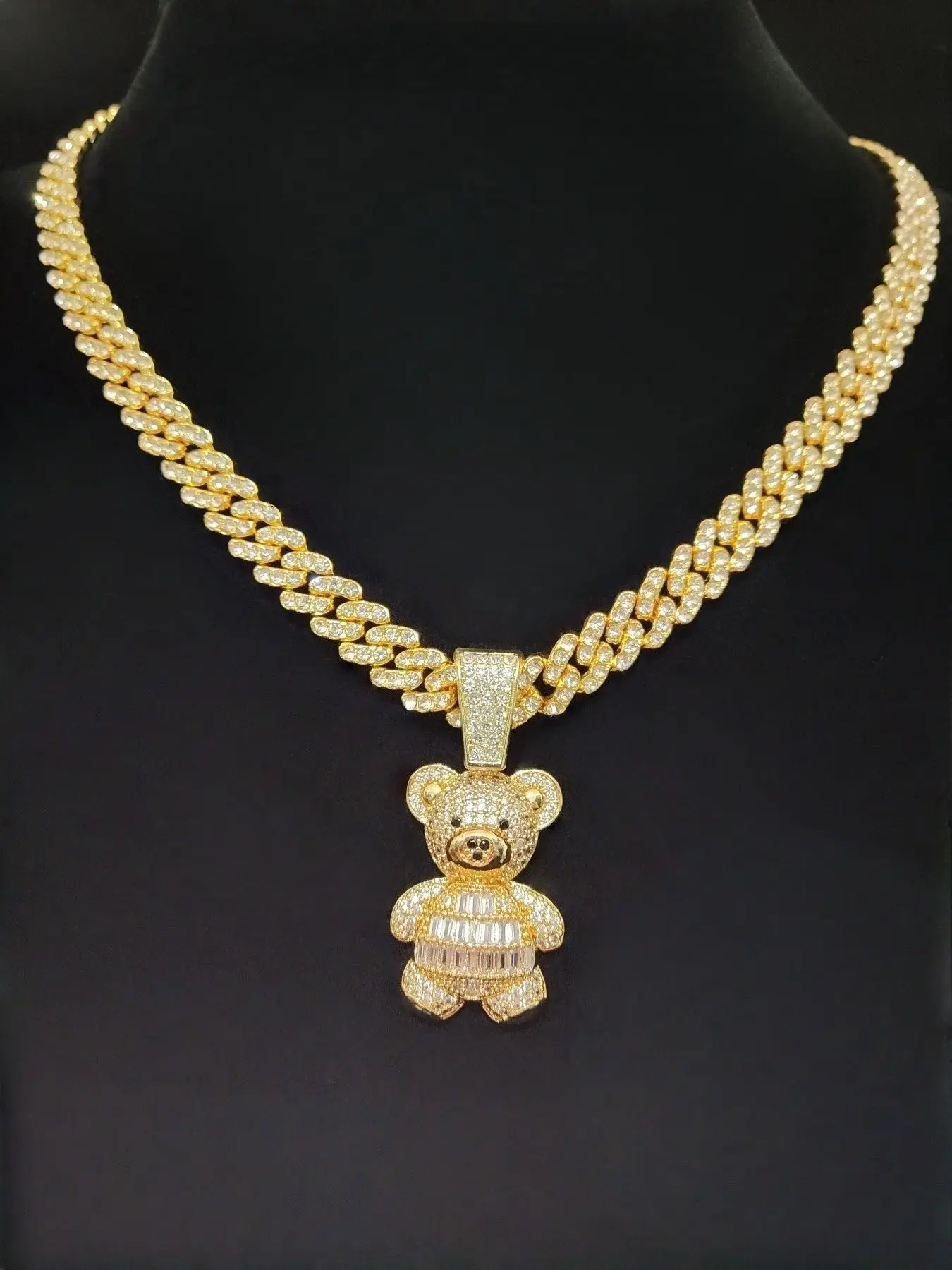 Artificial Zircon Bear Pendant Necklace, 9mm Glass Cuban Chain, Men Women Hip Hop Iced Out Bling Bling Pendant Necklaces Punk Jewelry, Fashion Vintage Style, Cuban Link Design Jewelry, Perfect Gift Accessory Necklace