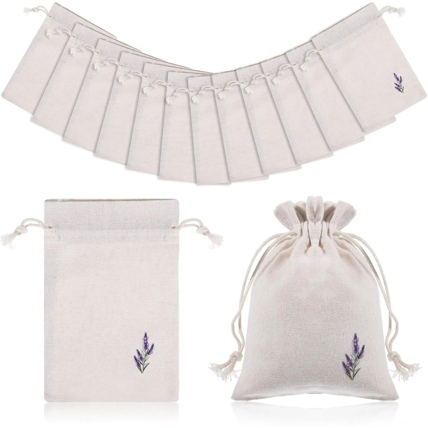 12 Pcs 4x6 In Cotton Lavender Embroidered Muslin Cloth Drawstring Bags, Reusable Empty Sachet Organiser Pouches for Spice, Jewelry Storage, Lightweight