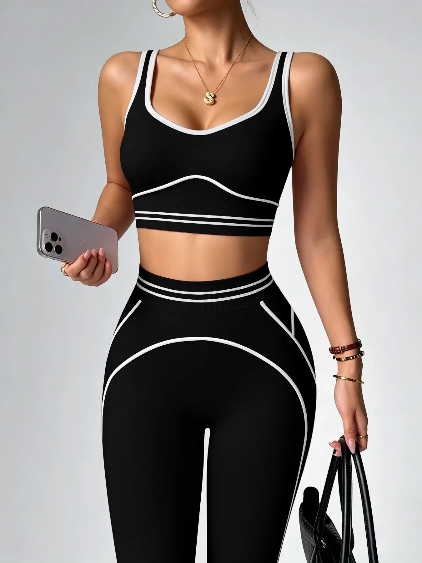 Women's Sporty Fitness Set, Striped Sleeveless Tank Top and High-Waist Pants, Durable Elastic Fabric, Ideal for Yoga and Exercise, High Stretch Activewear