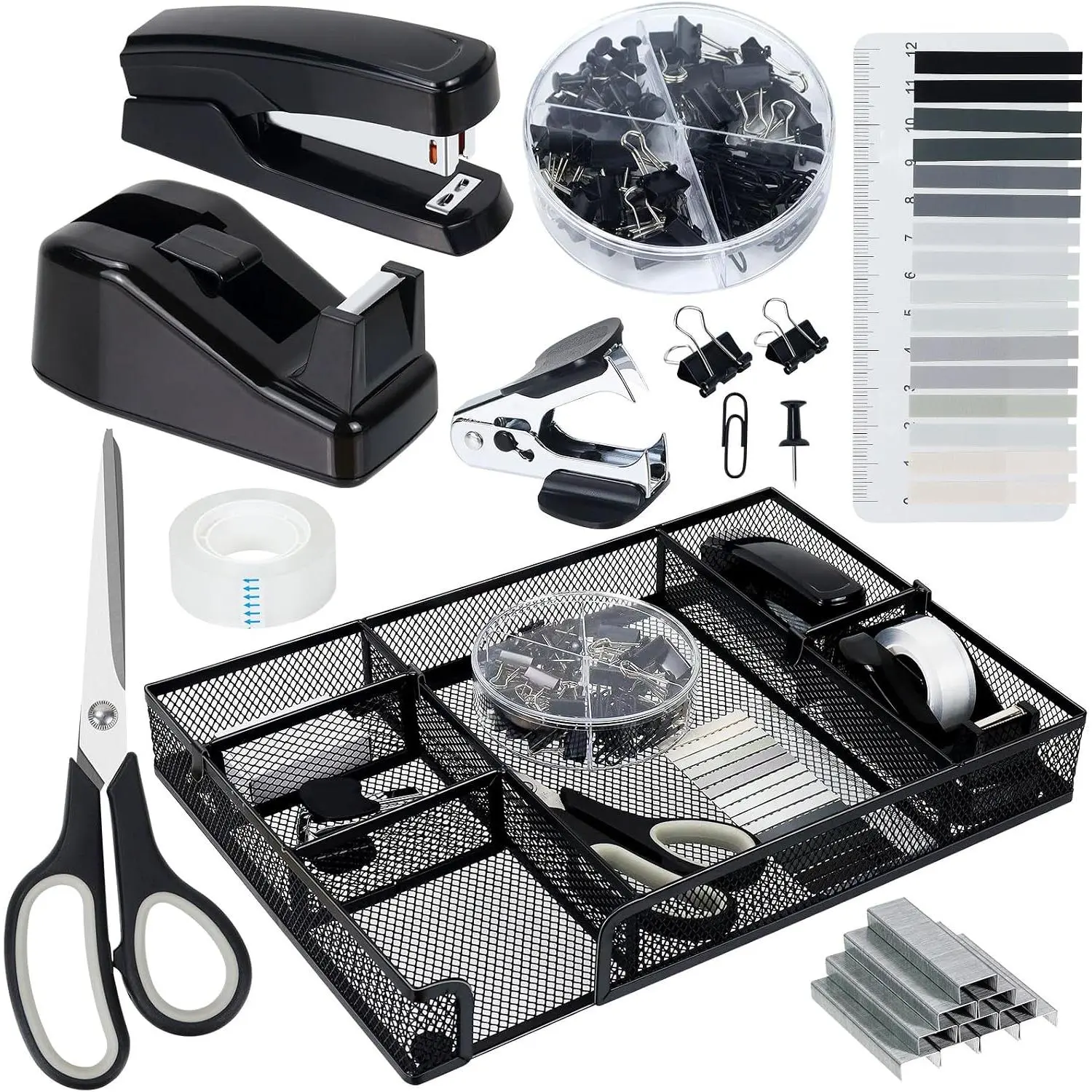 Black Office Supplies Set - Stapler, Tape Dispenser, Desk Organizer, Standard Staples Compatible, Organizes Tools for Neat, Efficient Workspaces