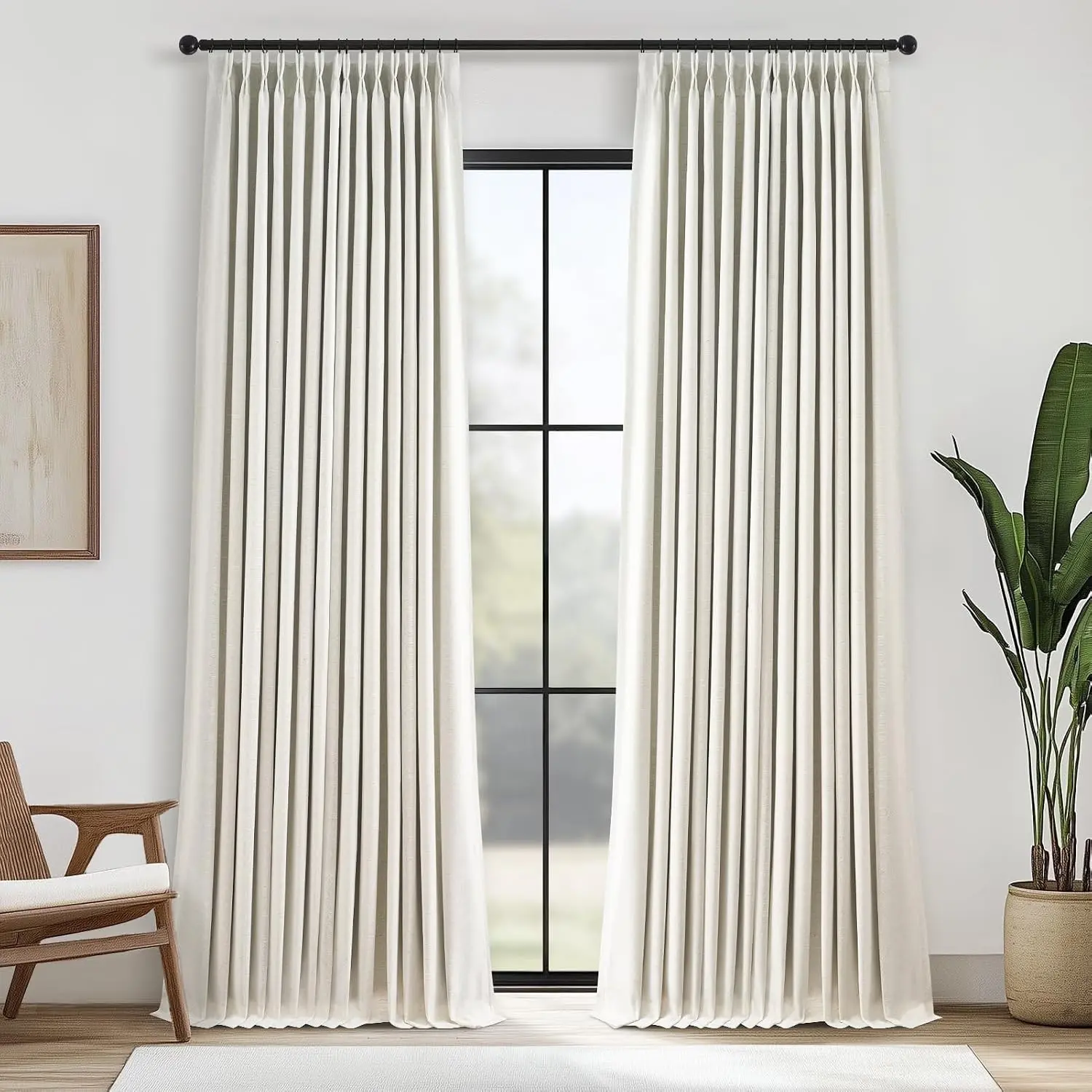 96 Inches Long Pinch Pleated 100% Blackout Curtains,Thermal Insulated Natural Linen Pinch Pleat Viral Drapes with Hooks Rings 2 Panel Sets,Neutral Beige Ivory 8FT Back Tab Window CurtainsGift