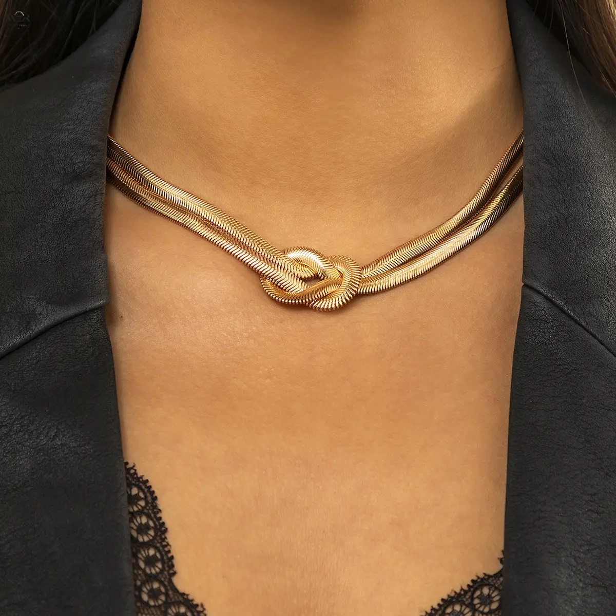 Unisex 2-Tone Gold-Steel-Silver Double Snake Chain Knot Jewelry Set, Adjustable Size Necklaces (43cm+5cm Extender) & Bracelets (15cm+5cm Extender), Minimalist Front-Knotted Daily Wear Couple Intimacy Gifts, Unisex Set