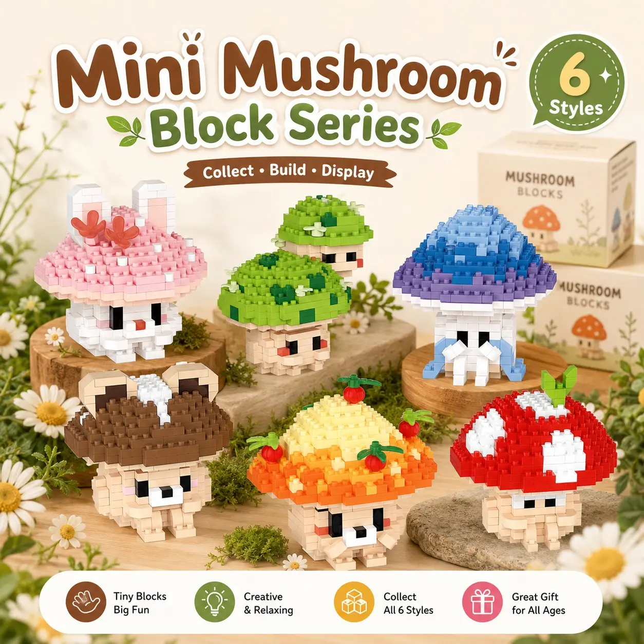6 Styles Mini Mushroom Bricks Set, Creative Building Set, Kawaii Animal Mushroom Building Blocks, Colorful Micro Block Toy, Easy To Build, Desktop Display, Dollhouse Room Decor, Christmas Stocking Gift for Kids 6+, Collectible DIY Toy, Trending Gift