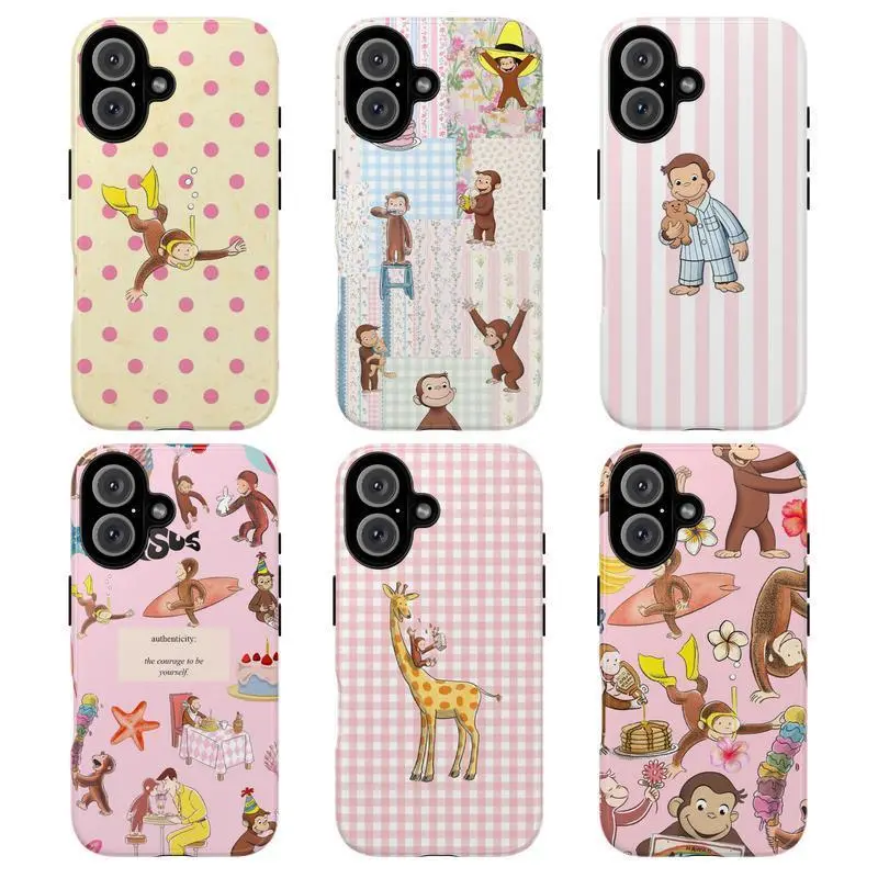 Cute Cartoon Curious George Smartphone Case - Tough Pink Animal Handheld Casing, Protective Cover for Girls, Compatible with iPhone 17 Air 16 ProMax 15 Plus 14 13 12 11, Device Protection, MFL22, Devices