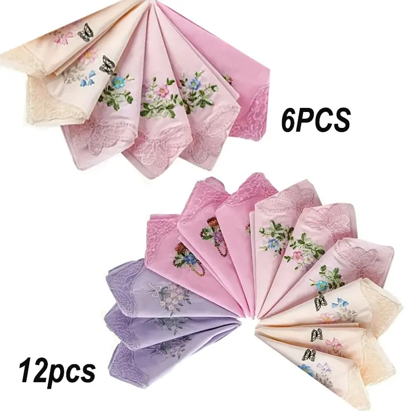 6/12 Pcs Floral Lace Embroidered Handkerchiefs, Soft Solid Colors, Wedding Handkerchief, Napkins, Absorbent, Party Gifts