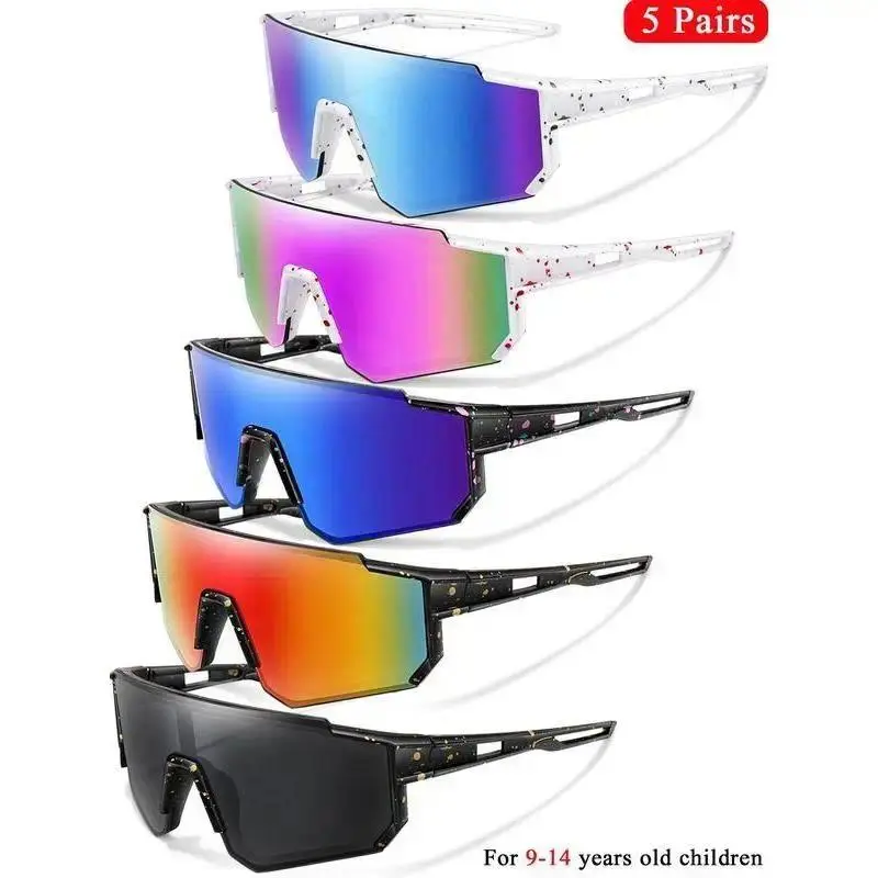 Unisex 5/3-Pack Kid-Friendly UV Protection Sports Sunglasses for 9-14 Years Boys & Girls, Lightweight Impact-Resist Comfortable Skin-Safe Frame, Anti-Skid Outdoor Sports Eyewear, Wholesale Bulk Summer Gear for Baseball/Skiing