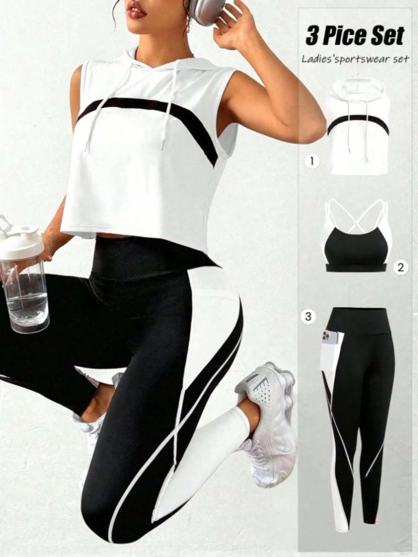 Three-Piece Colorblock Sportswear Set, Top Athletic Bra and Yoga Pants Bottoms, Comfortable and Stylish Workout for Women Active Wear