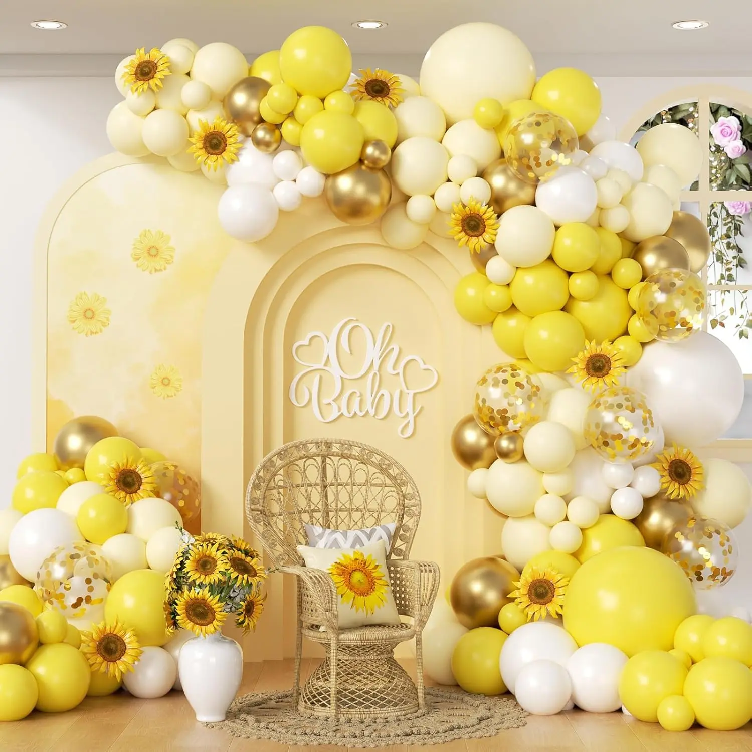 41-Piece 12in Thick Yellow Bee Balloon Arch Kit with Metallic Gold Confetti, White Balloons & Pump - Decor, Arch Setup for Baby Shower, Happy Birthday, Birthday Gift Ideas
