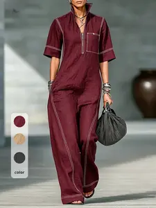 Women's Wide Leg Romper Jumpsuit with Line Decoration, Chic Minimalist Style, Perfect for Urban Streetwear & Casual Gatherings