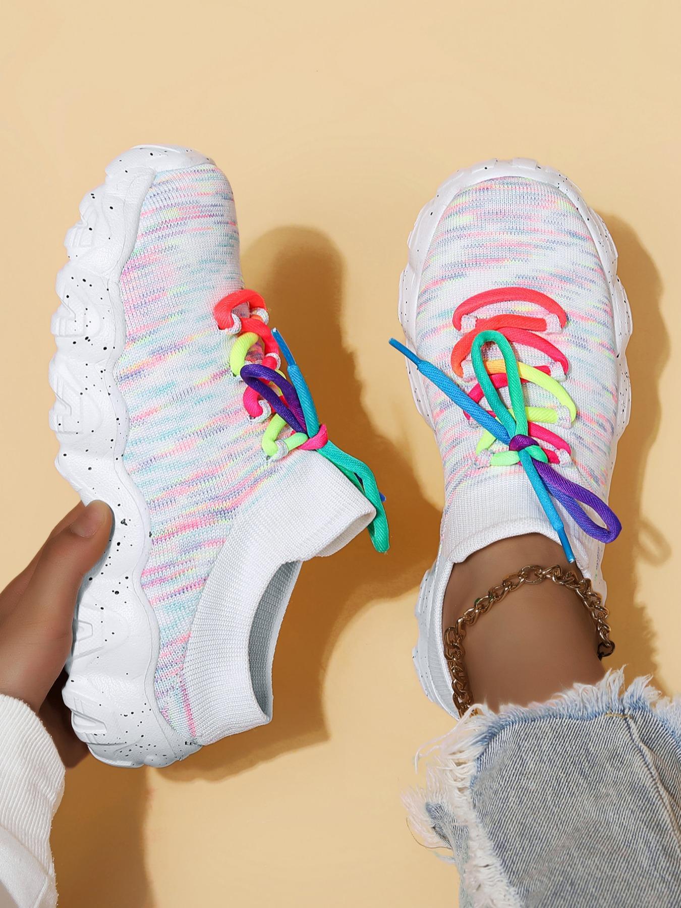 Women's Fashionable Lace Up Platform Sneakers, Knitted Running Shoes, Casual Comfortable Sports Running Shoes, Female All-match Round Toe Chunky Sneakers for Daily Wear