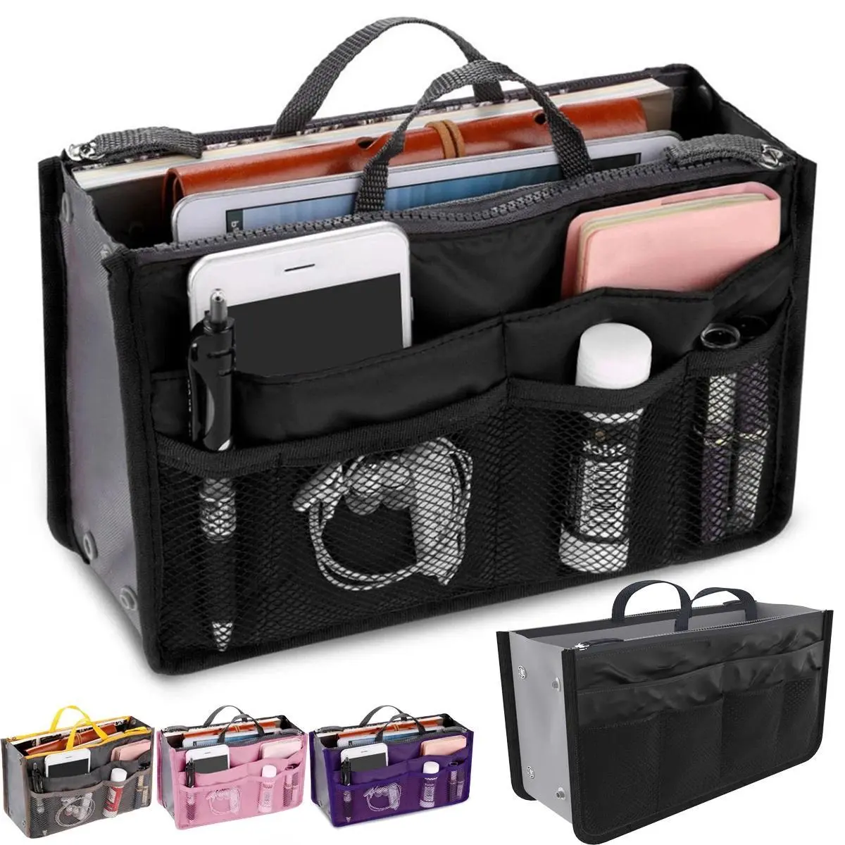 Women's Nylon Travel Organizer Bags - Compact, Multi Compartments, Large Capacity Insert Bag Liner for Practical Makeup Storage