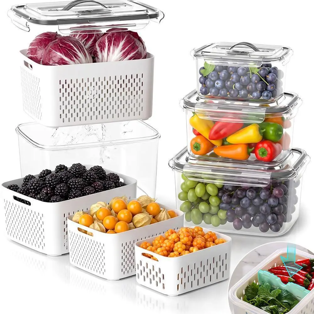 Fruit Storage Containers for Fridge with Removable Colander, 4 Pack Airtight Produce Containers with Divider, Stackable Food Storage Containers for Berry, Vegetable, Portable with handle#DealsForYouDays