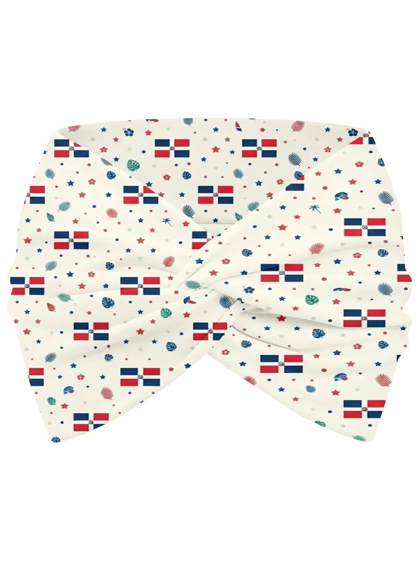【Dominican Culture】Headband for Women – Dominican Republic Flag, Tropical Leaves & Star Pattern on Cream – Ideal for National Holidays, Cultural Festivals, Summer Vacations & Patriotic Style Looks