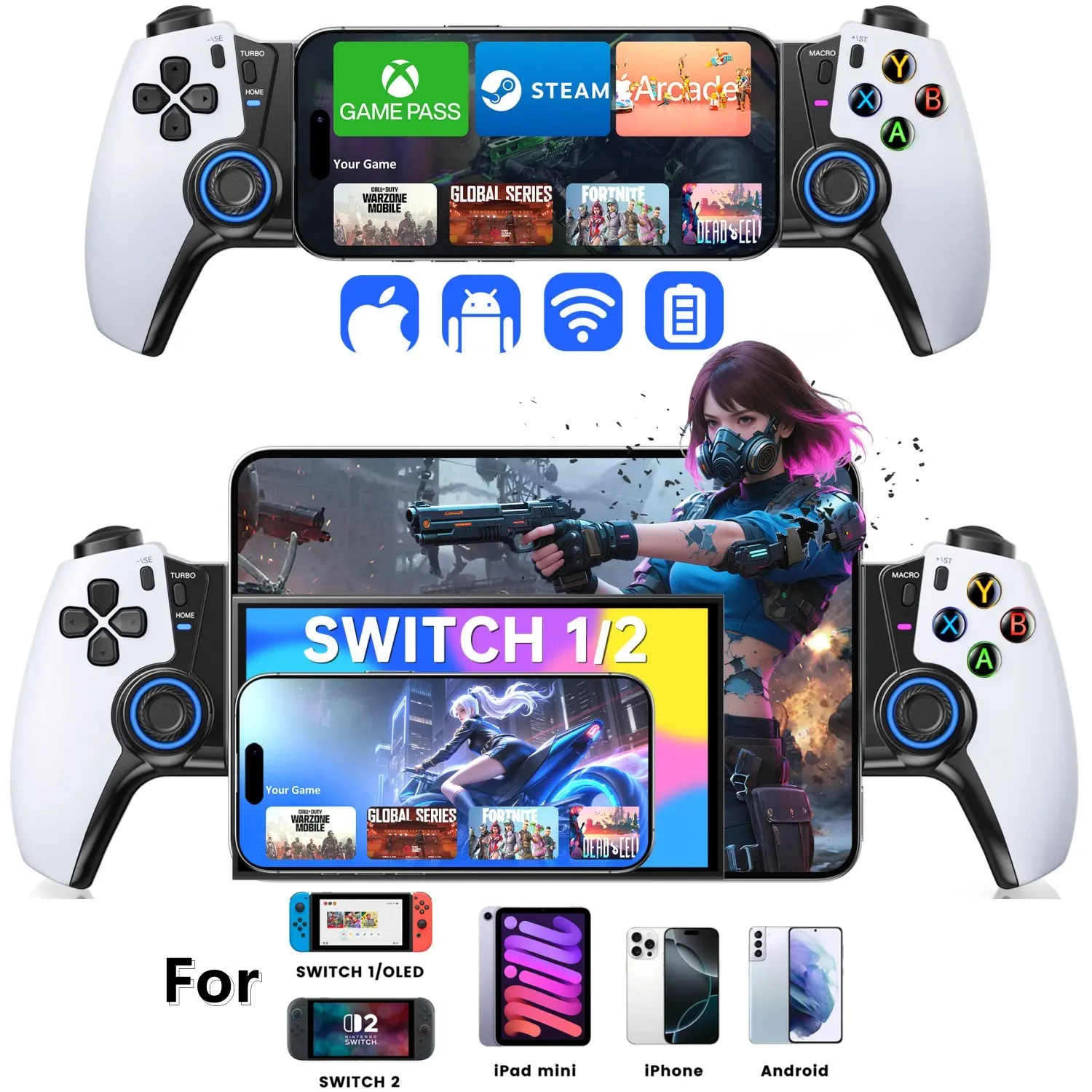 Wireless Handheld Mobile Gaming Controller - Magnetic Remote Accessory with Hall Joysticks, Hall Triggers, LED Buttons, Compatible with Smartphones, iPhone, Android, Switch 2, Switch OLED, iPad Mini Devices, Supports Xbox Cloud, Steam Link, Roblox (White)