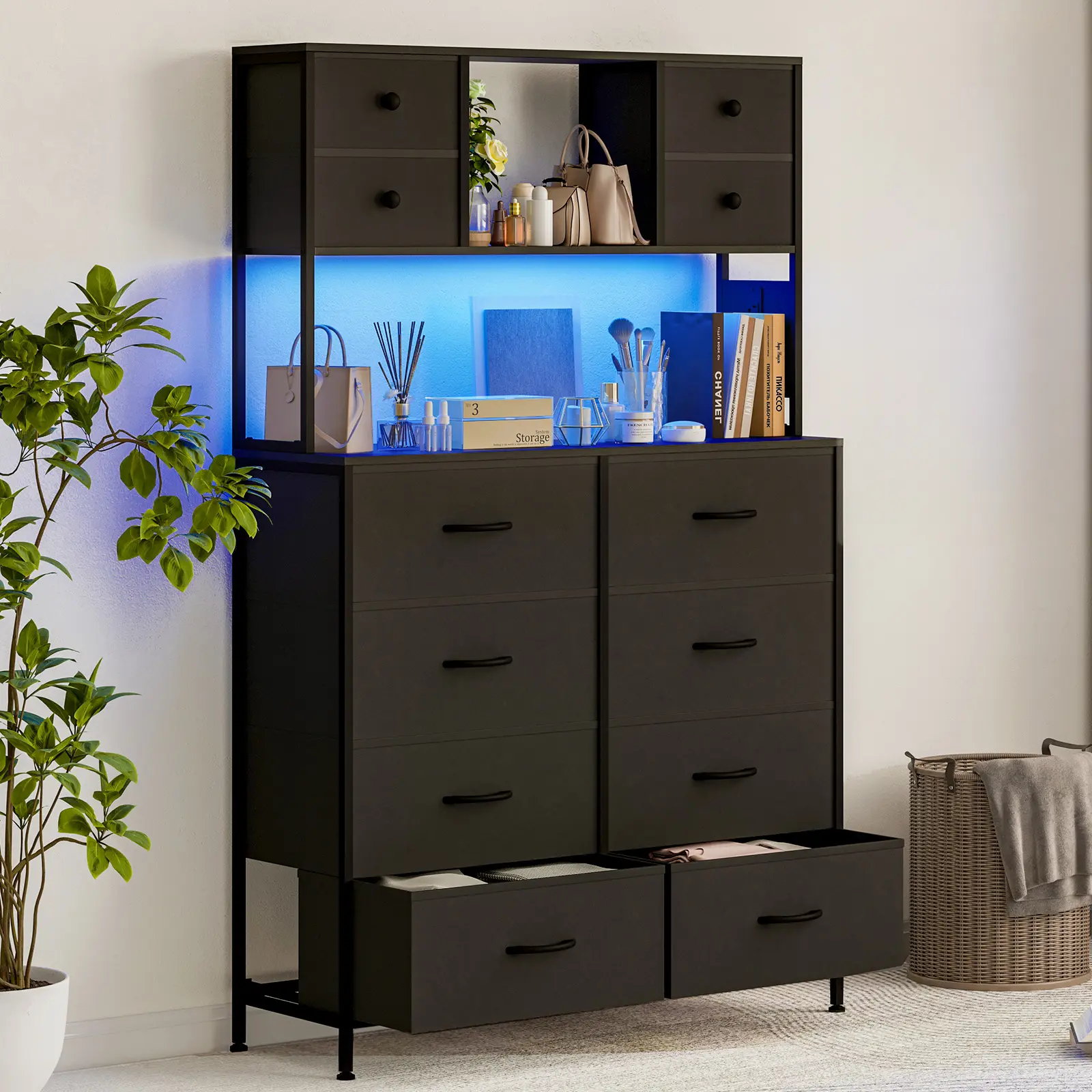 Garvee 12-Drawer Tall Fabric Dresser Chest - LED Lights & Charging Station - 3 Open Shelves, Metal Frame, Wood Top - Storage Organizer for Bedroom