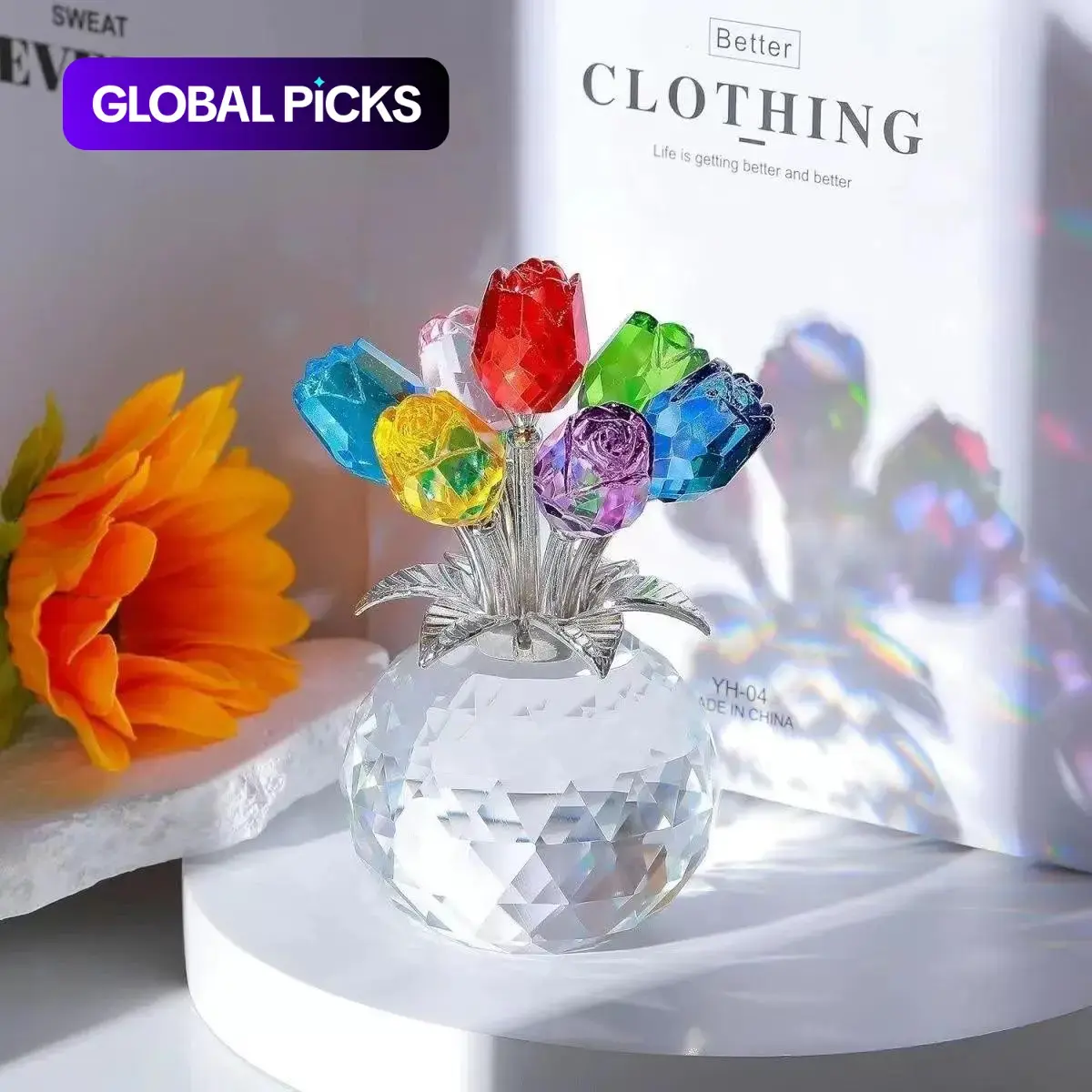 Crystal Glass Luxurious Rose Bouquet, Colorful Faux Bouquet, Artificial Flower Bouquets, Decorative Colorful Artificial Flowers with Gem Decorations, Perfect Anniversary Gift or Home Decoration, Flower Design Decorations