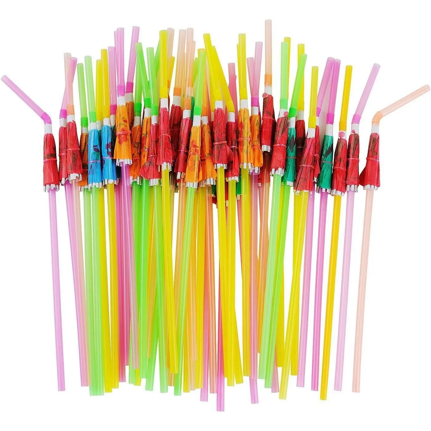 50 Umbrella Design Flamingo Disposable Drinking Straws, Hawaiian Beach-Luau Party Decorations Supplies for Festive Home Tableware, Flamingos