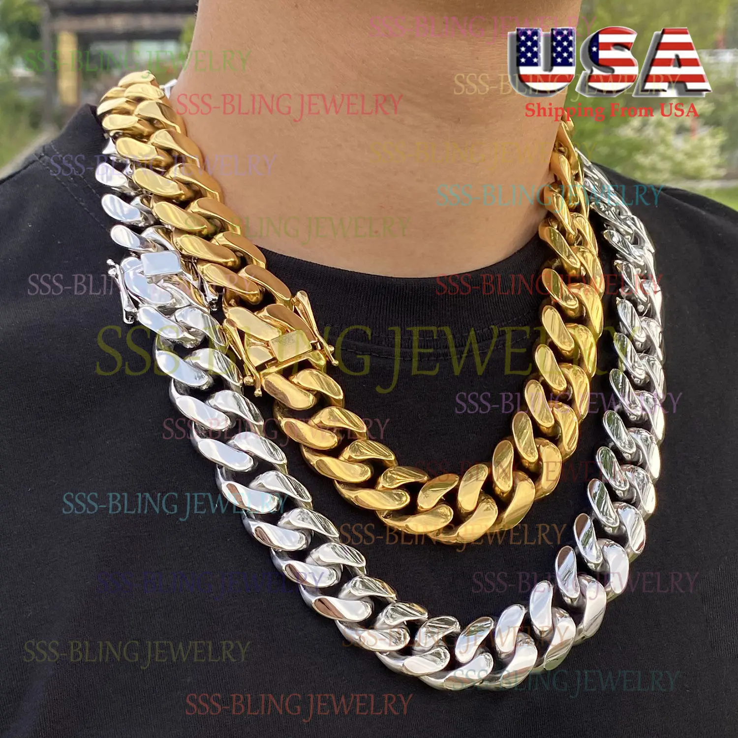 Stainless Steel Huge Heavy Mens Miami Cuban Link Chain Necklace +Brass Clasps Hip Hop Mens Chunky Necklace 14K Yellow Gold/Silver High Polish sohochic