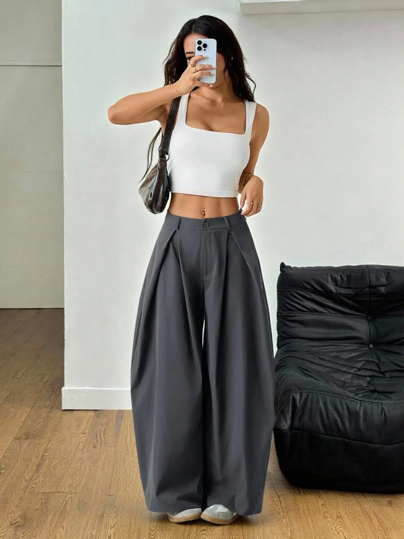 Women's High-Waisted Pleated Wide Leg Suit Pants, Elegant Drape Arc Banana Pants, Casual Loose Fit Streetwear, Vintage Style