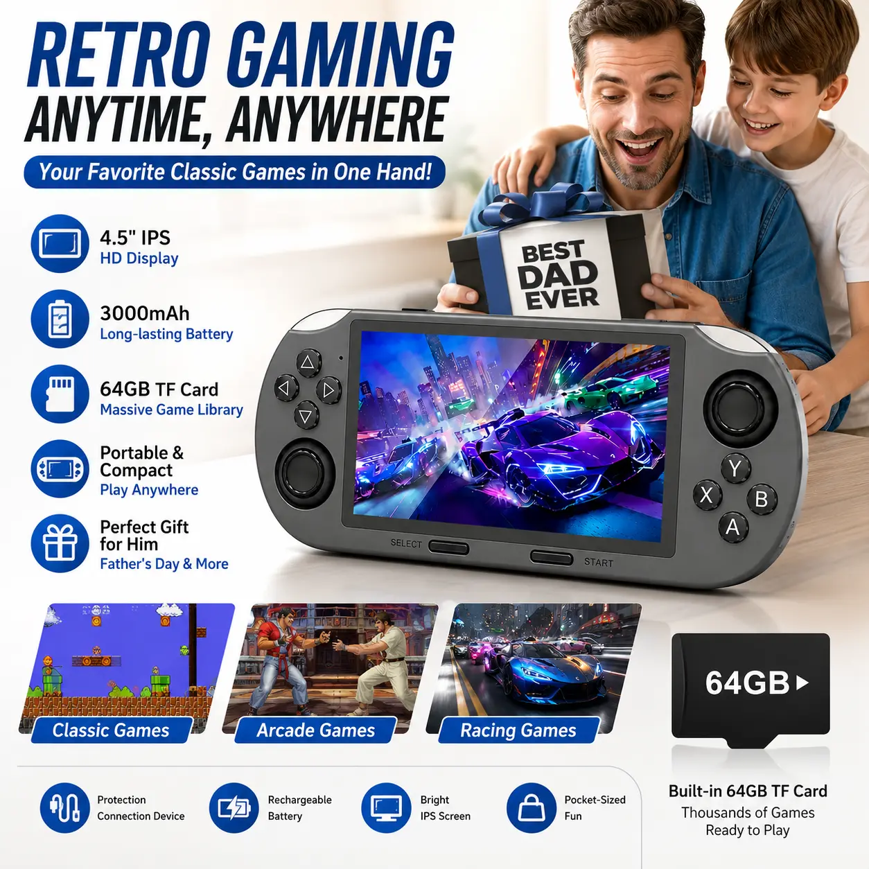 SF3000 Portable Retro Handheld Game Console, 4.5" IPS 854x480 Screen, 3000mAh Battery, 64GB TF Card, Linux OS, Rechargeable Compact Electronic Device for Father's Day Gifts