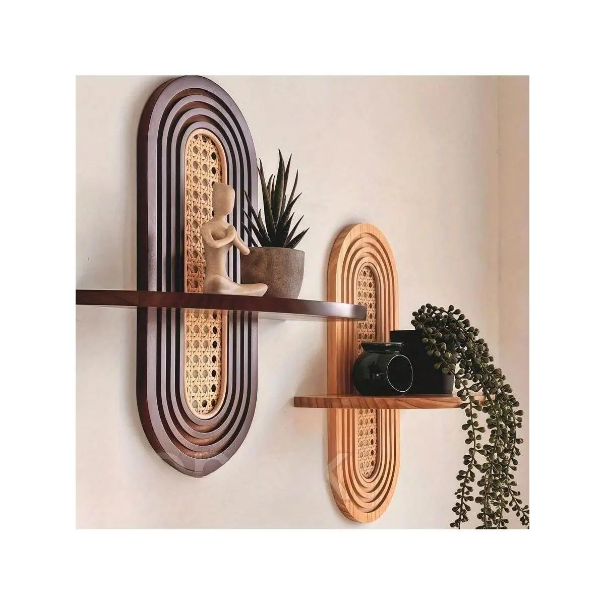 1pc Arched Bohemian Wall Shelf - Arched Shape Natural Wood & Woven Rattan Back, Easy Hanging Space-Saving Floating Racks & Displays, Home Organizer for Living Room/Plant Display to Boost Vibrant Indoor Environment