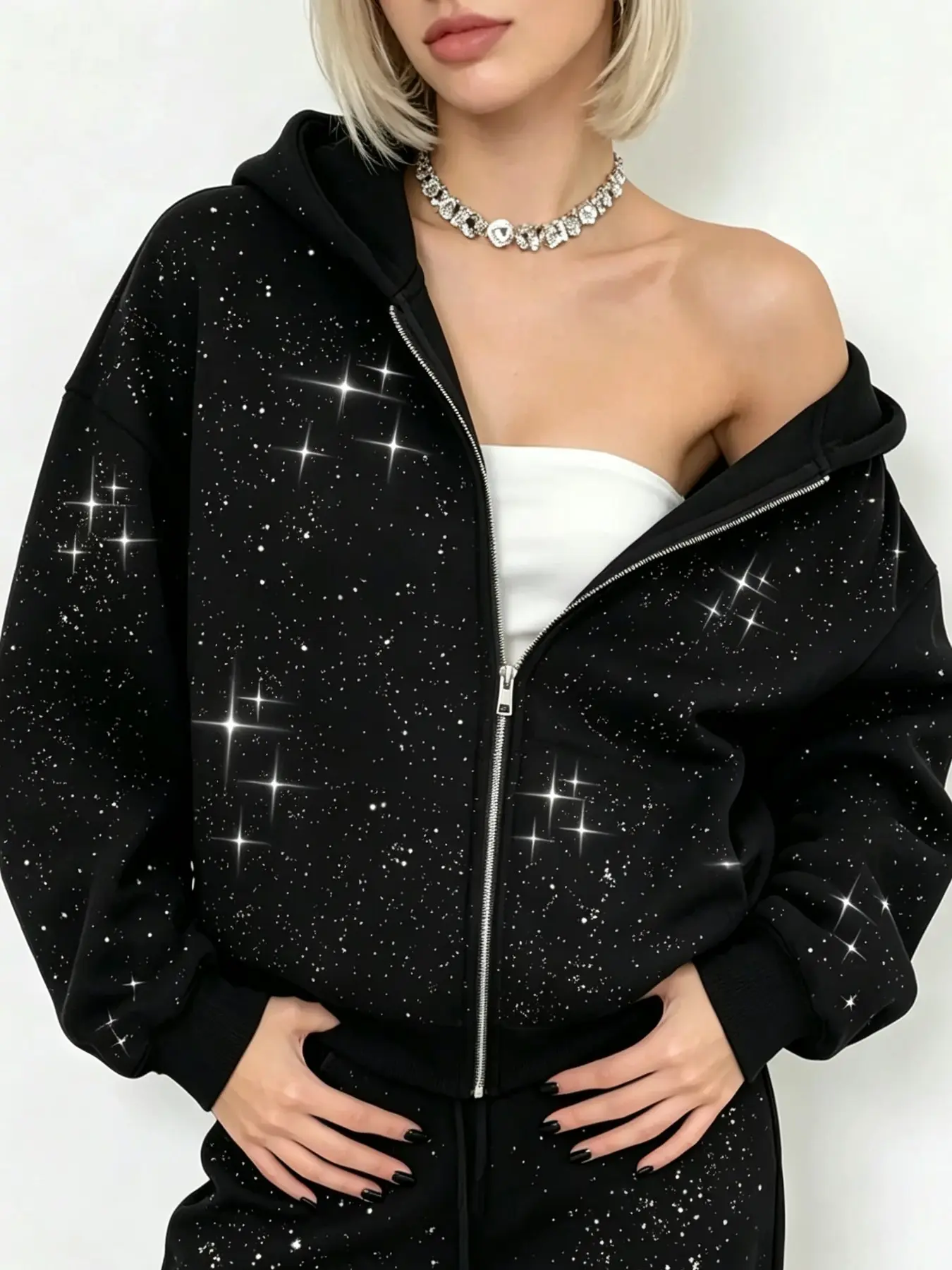 Korean Style Starry Rhinestone Hooded Jacket, Spring Fall Women's Versatile Long Sleeve Zipper Casual Hoodie