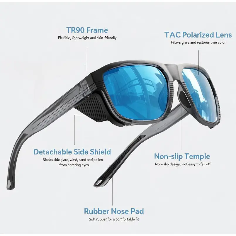 Polarized Mountaineering Sunglasses with Detachable Side Shields - UV400 Windproof Goggles for Hiking Climbing & Outdoor