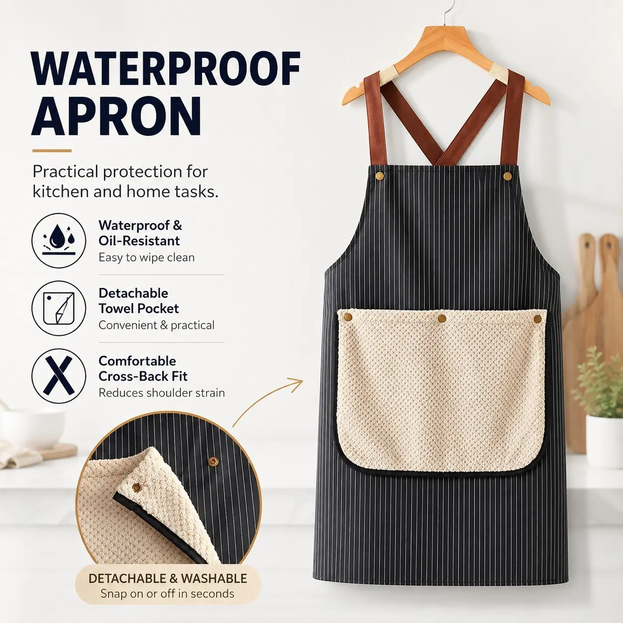 Unisex Waterproof Kitchen Apron Equipped with Removable Thick Wiping Towel, Household Daily Must‑Have, Nice Holiday & Birthday Present for Mother and Wife