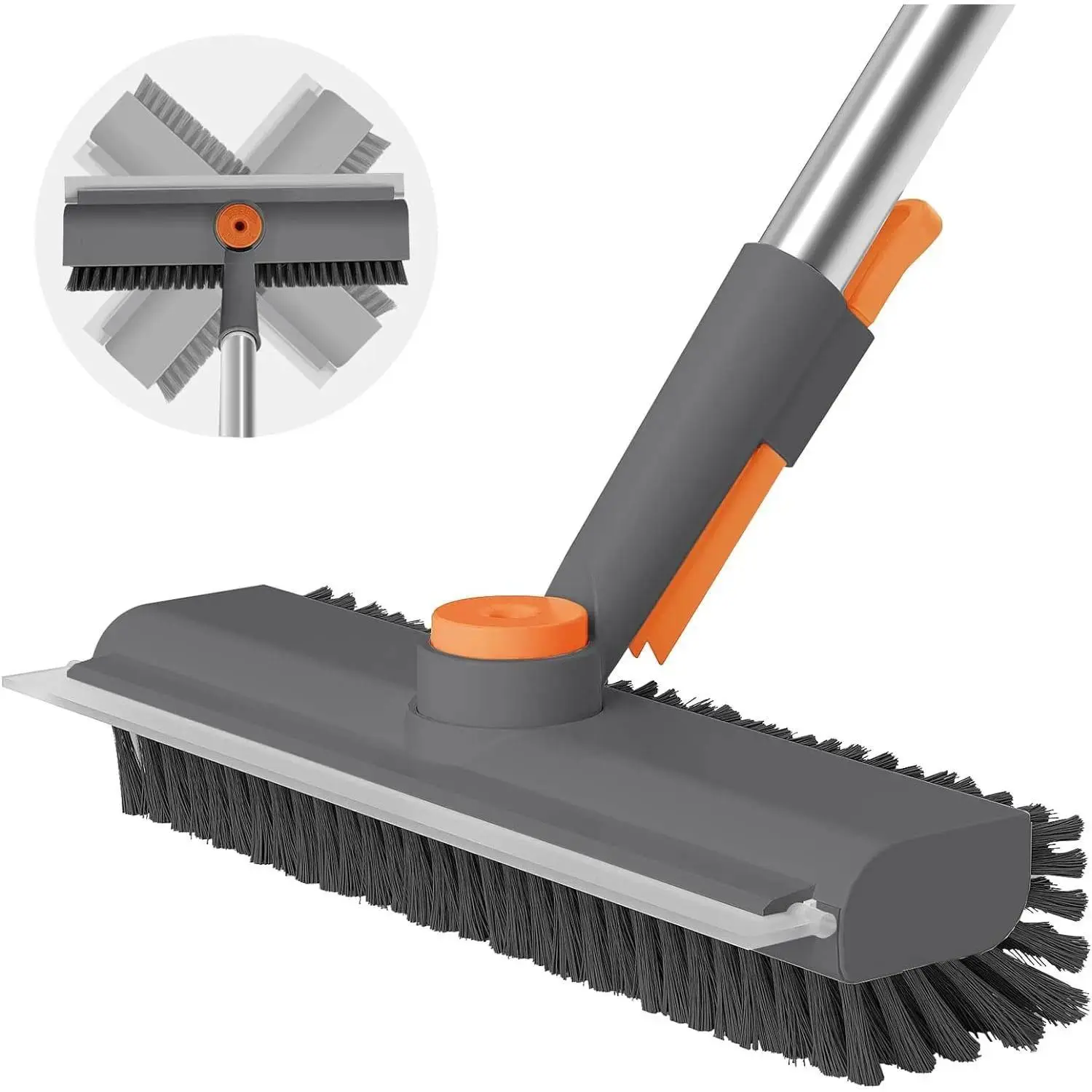 Floor Scrub Bathtub Brush 360° Rotatable with Squeege Long Handle 3 in 1 Scrape and Heavy-Duty Stiff Bristle Scrubber Brush for Cleaning Shower Bathroom Patio Garage Kitchen Wall and Deck Cleaning Supplies for Home Essential Items