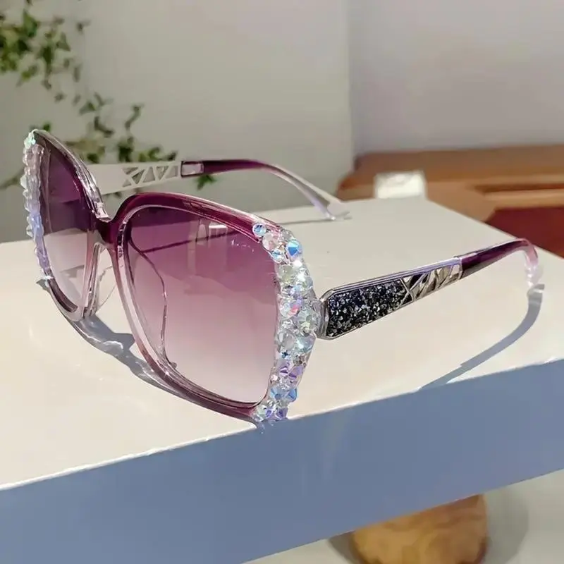 Oversized Rhinestone Sunglasses For Women, Gradient UV400 Fashion Eyewear With Crystal Accent Semi Rimless Frame, Y2K Luxury Style Shades For Vacation, Beach, Streetwear, Festival Outfits And Daily Wear