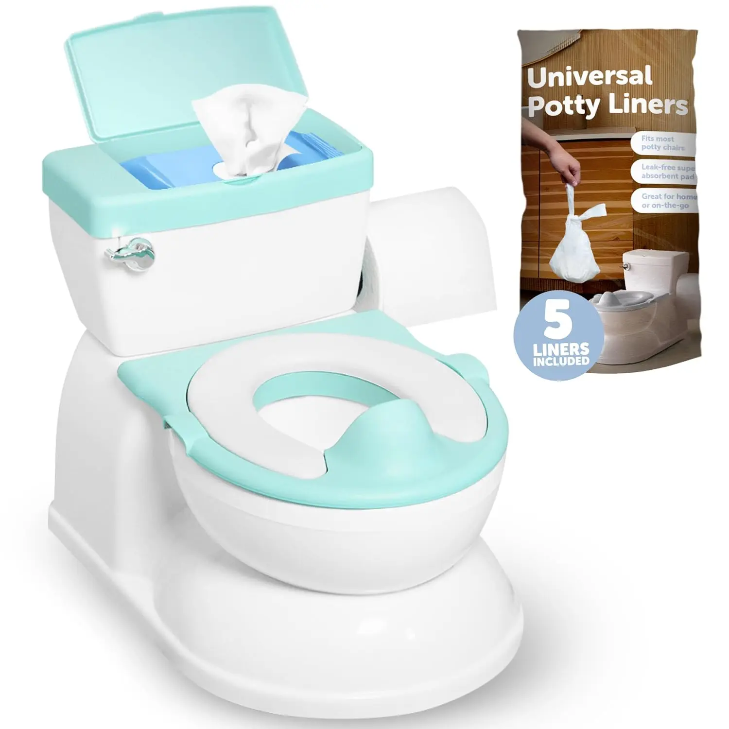 Baby 2-in-1 Potty Training Potty for 0-3 Years - Aqua, with Wipes Storage, Flushing Sounds, Universal Disposable Liners, Realistic Design, Easy to Clean & Assemble, Universal Potty Liners