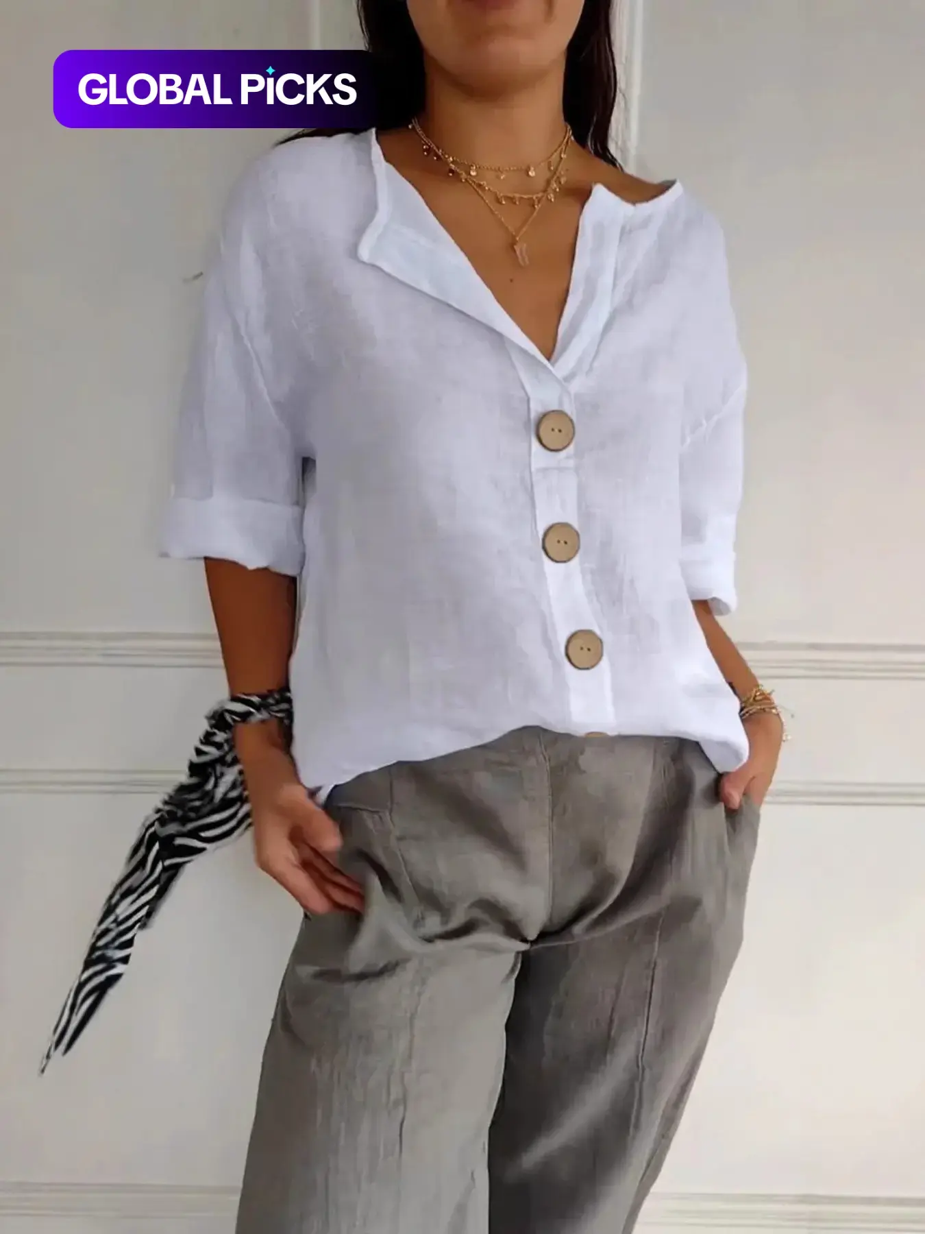 Summer New Versatile Slimming Top, Loose Fit Casual V-Neck Cotton Linen Fabric Button T-Shirt, Comfortable Breathable Women's Blouse, Button Up Shirts, Casual Style Top, Womenswear