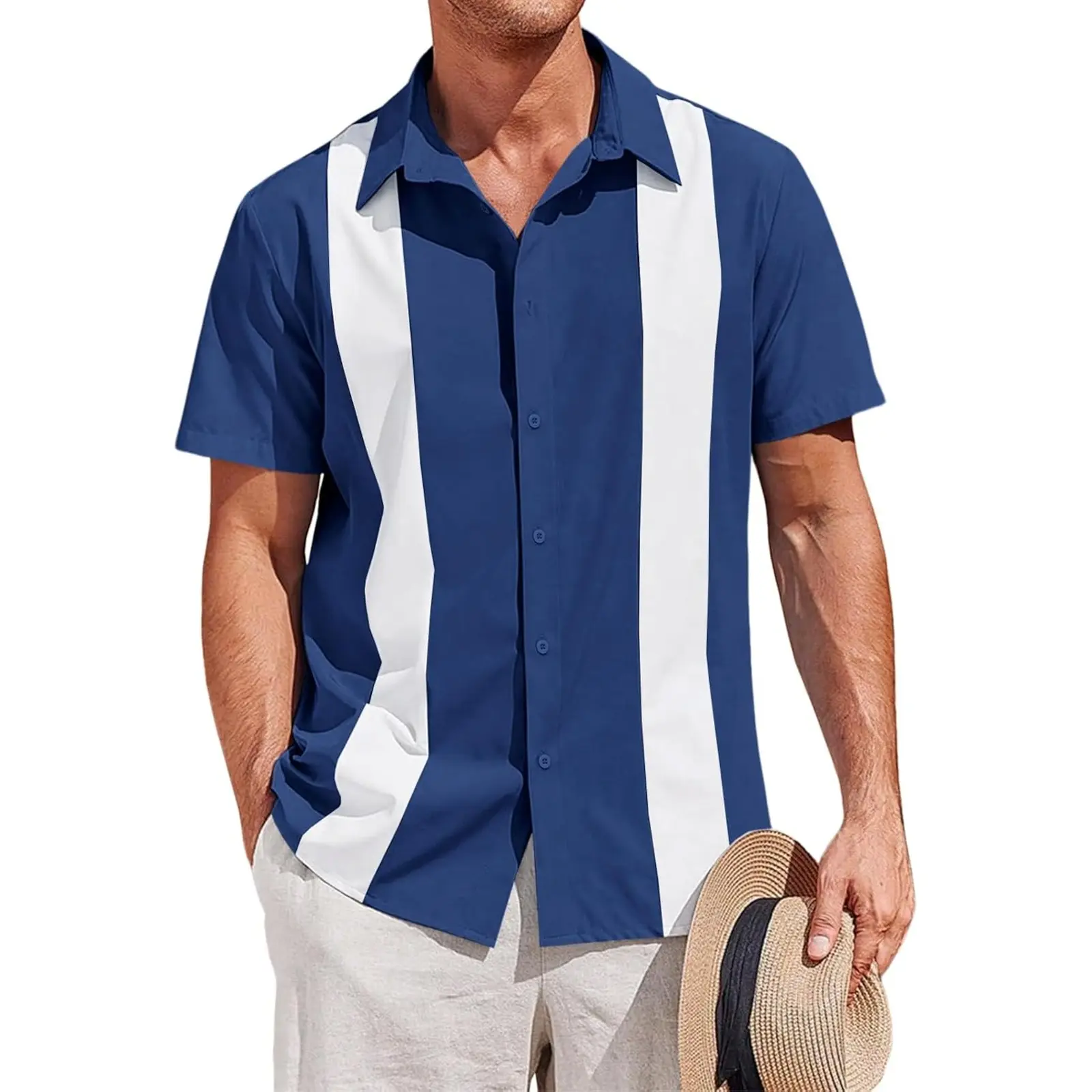 Aoysky Mens Vintage Bowling Shirt - Menswear Short-Sleeve Button-Up Casual Beach Wear Summer Tops