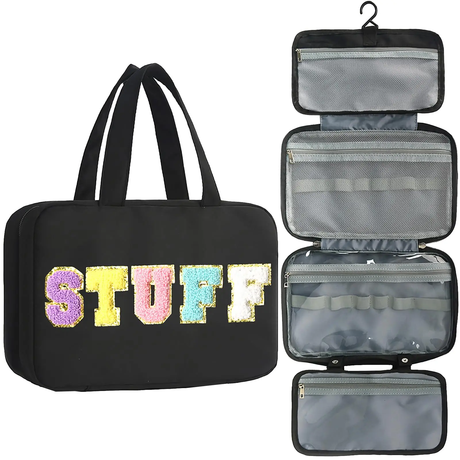 Preppy Style Women’s Letter Print Waterproof Travel Toiletry Bag with Hanging Hook, Large Cosmetic Storage Organizer Pouch for Makeup, Skincare & Daily Toiletry Accessories