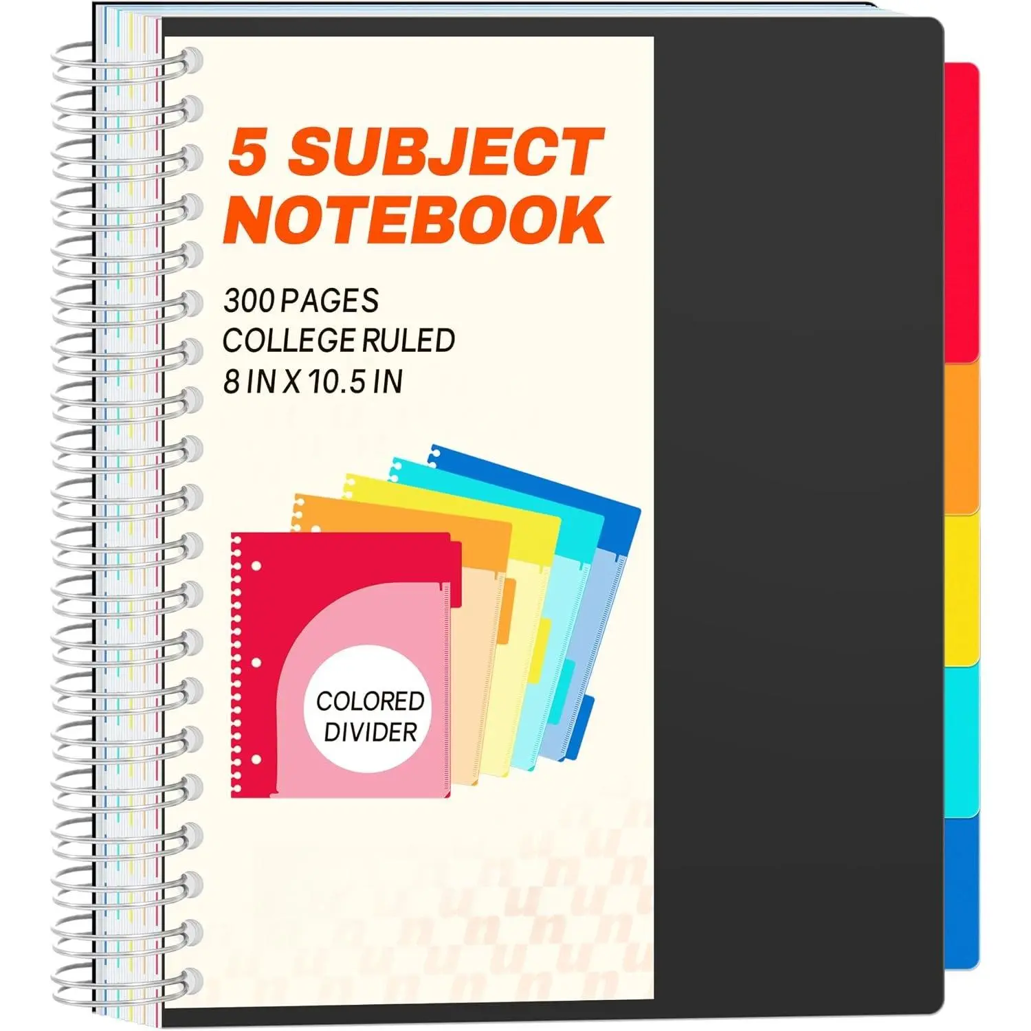 Spiral Notebooks for Work with Removable Dividers & Tabs – College Ruled 5 Subject, 300 Pages, 3 Hole Punched, Durable PP Cover, 8"x10.5" – Notebooks for Office or School, Black