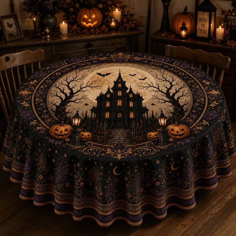 Circular Tablecloth Gothic Haunted House Pumpkin Bat Print, Adult and Family Round Tablecloth, Halloween Thanksgiving Decor, Fall Vintage Style