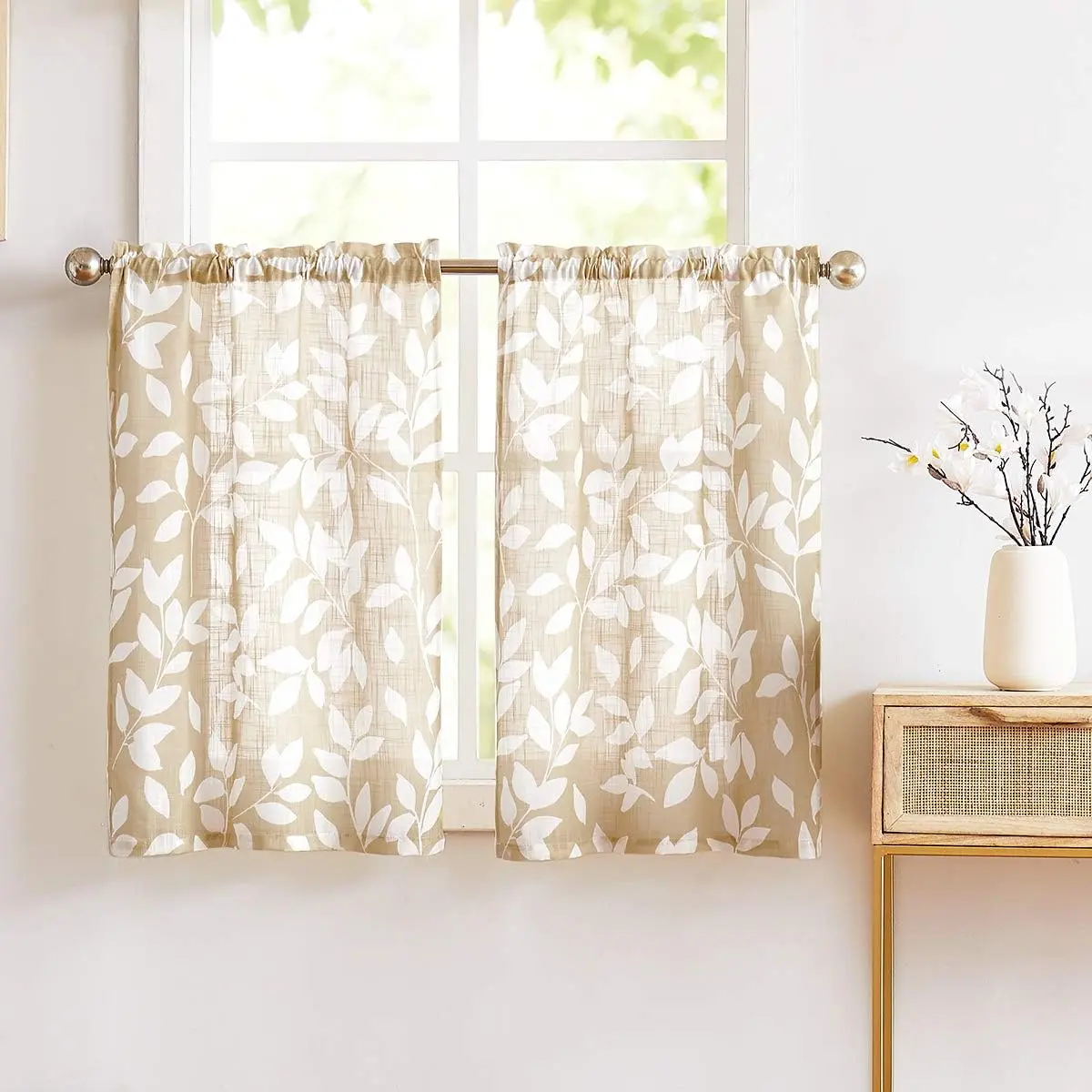 Leaf Tier Curtains for Kitchen 24" Short Curtains for Bathroom Window Curtains Print White and Taupe 2 Panels