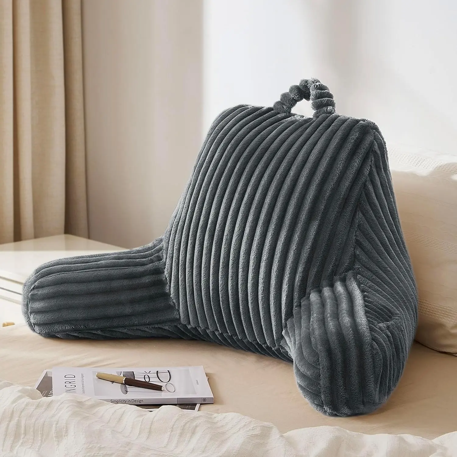 Reading Pillow for Sitting in Bed, Flannel Backrest Cushion for Adults & Kids, Bed Sit Up Support for Couch or Floor, Dorm Essentials, Dark GrayGift
