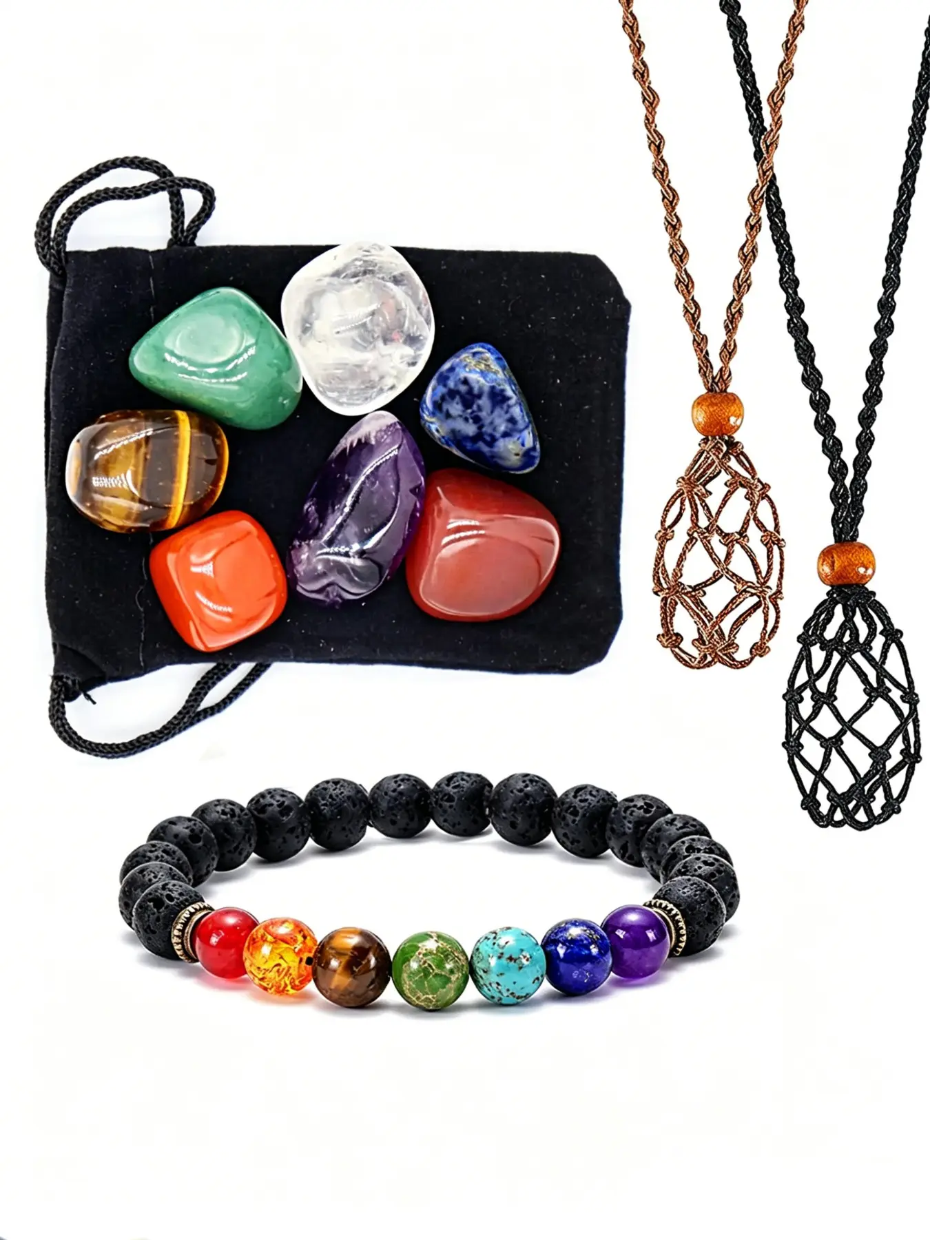 7 Chakra Healing Crystal Jewelry Set for Men Women, Lava Rock Chakra Bracelet + Adjustable Net Bag Stone Pendant Necklace, Polished Natural Tumbled Stones, Spiritual Meditation Accessory, Energy Balancing Gift for Yoga Lovers