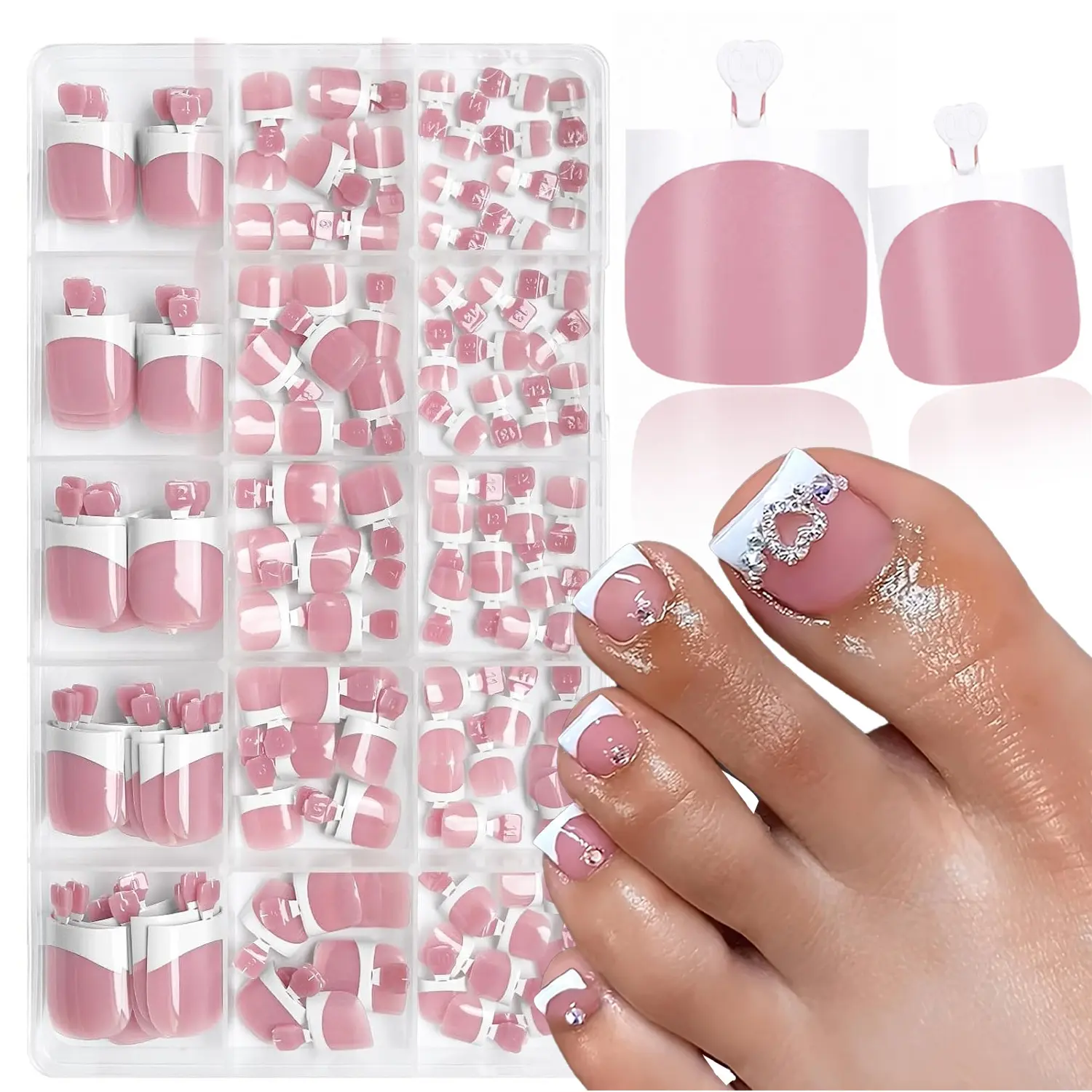 150Pcs White French Tip Press On Toenails Square Medium Fake Toenails Matte Pink Press on Toe Nails, 15 Sizes, Soakable French Tip Toe Nail Patches, Color Enhancing Gel And Top Coat Required, False Nail Decorations for Women, DIY Nails