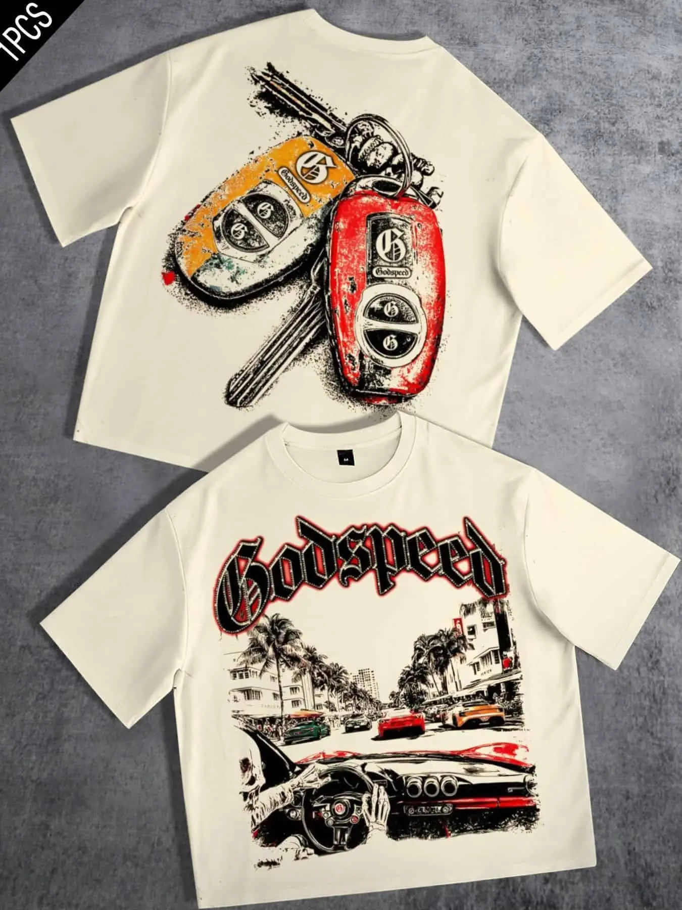 Godspeed Unisex Loose-Fit Crewneck T-Shirt – Fashion Featuring Gothic-style typography, a palm-lined street scene, a sports car, and a vintage car key graphic; double-sided print; suitable for casual, streetwear, and sporty styles.