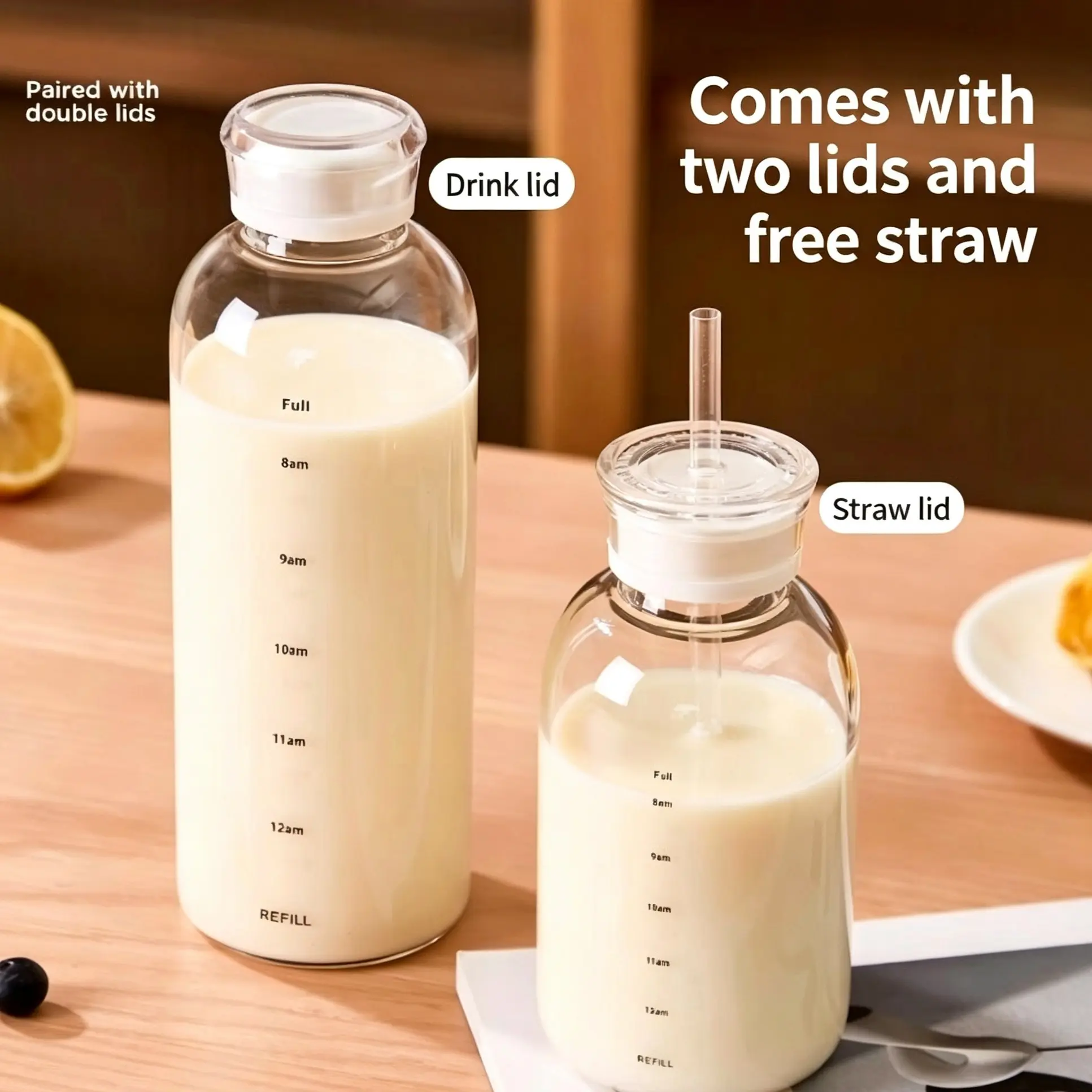 Borosilicate Glass Bottle with Time Marker, 2 Airtight Leakproof Lids, Reusable Straw, Wide Mouth Heat Resistant BPA Free Dishwasher Safe, Portable Tumbler for Hot Cold Drinks Home Office Gym Travel Outdoor Use, Drink Containers