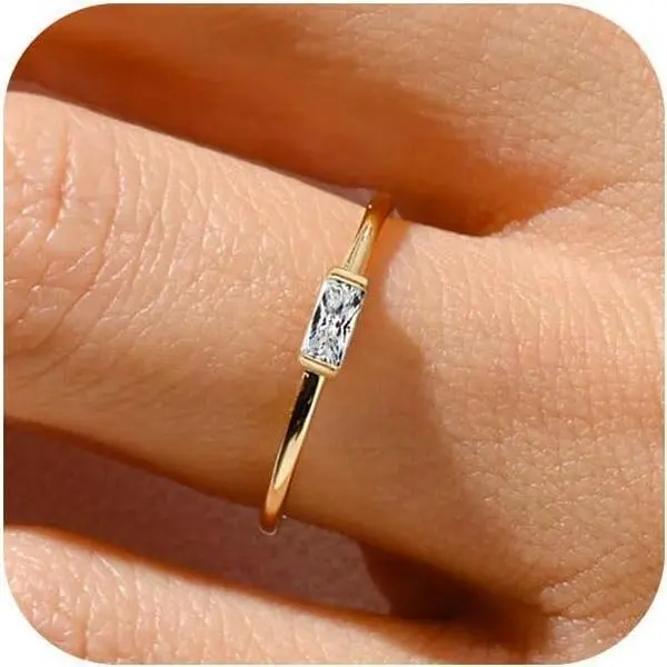 Birthstone Rings for Women Non Tarnish Gold Stackable Rings Dainty 14K Gold/Silver Plated Baguette CZ Emerald Green Pinky Ring Personalized Jewelry Gift for Birthday Size 4-10