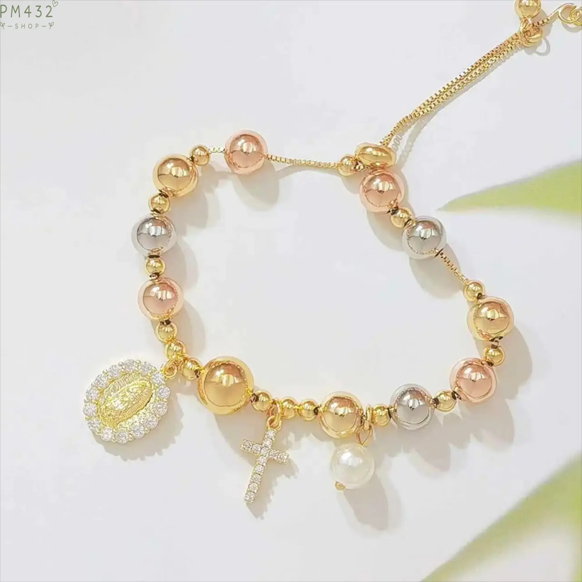 Women's Tri-Color Gold-Plated Rosary Bracelet - CZ Cross Charm, Virgin Mary Medal, Pearl Accent, Adjustable Chain Dainty Jewelry Gift for Baptism, Daily Wear