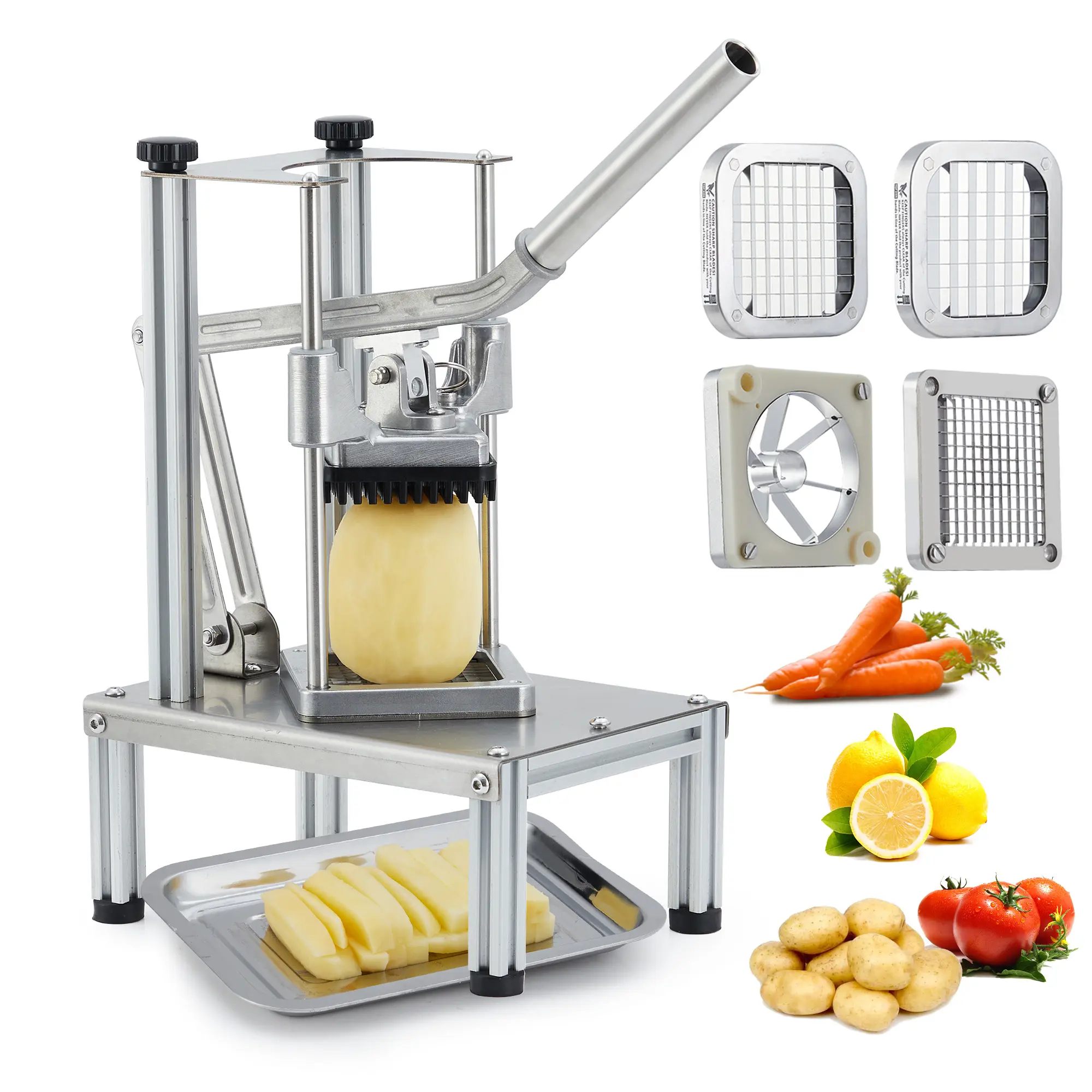 Heavy Duty Vegetable & Fruit Chopper - Commercial Stainless Steel Dicer and French Fry Cutter - 4 Replaceable Blades (1/4", 3/8", 1/2") - Ergonomic Handle, Non-Slip Feet, Easy Clean - For Potato, Tomato, Onion, Mushroom - Restaurant & Home Kitchen