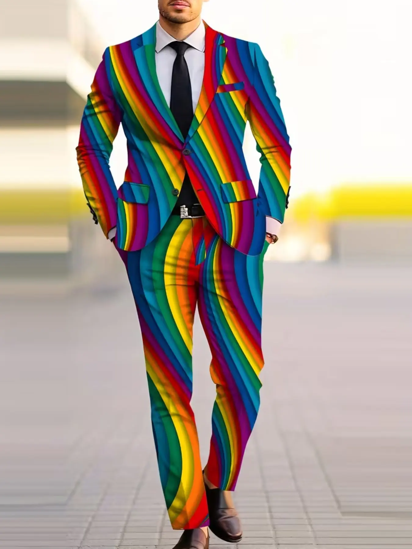 Trendy rainbow wavy striped men's two-piece suit, slim-fit suit and trousers set, perfect for music festivals and parties, eye-catching and stylish casual menswear.