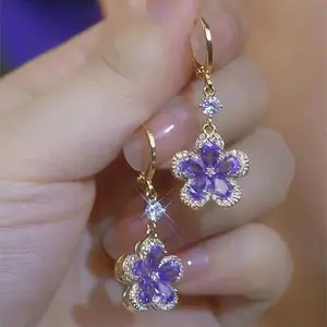 Fashion Trend Purple Crystal Zircon Flower Drop Earrings for Women Light Luxury Geometric Shiny Earring Party Wedding Jewelry