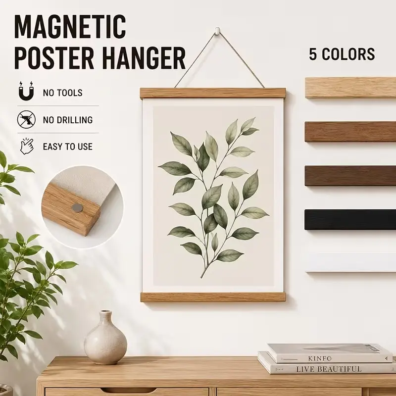 Modern Wooden Magnetic Poster Hanger, Magnetic Frames, Durable Lightweight Solid Wood Frame, Vertical Art & Photo Display, Easy Hang, Adjustable, Space-Saving Design