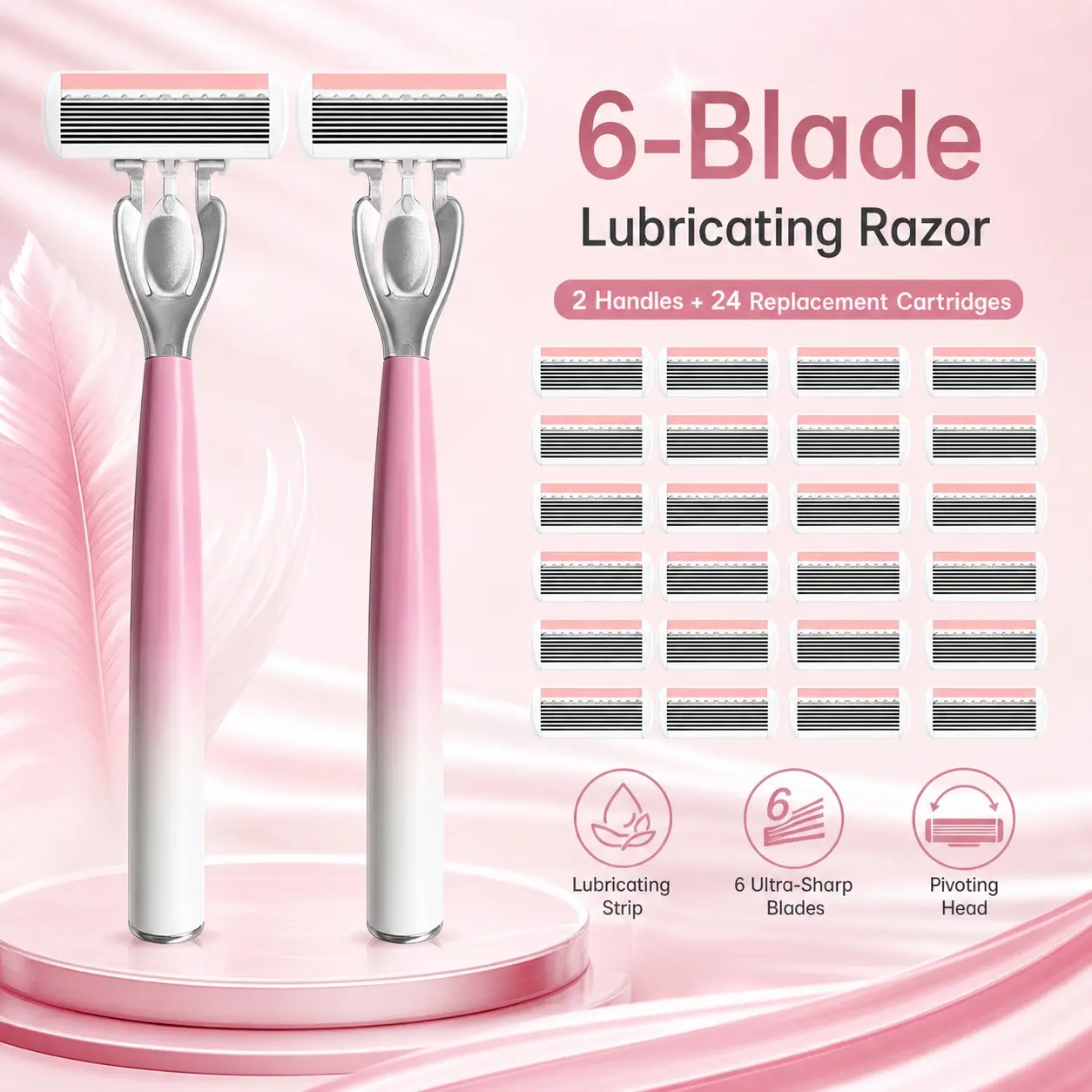 [Pink-White Gradient · 6-Layer Blades] 2 Handles 24 Replacement Blades | Smooth and Non-Scratching | Women's Razor Hair Removal | With Lubrication Strip | Cute and Practical Bathroom Must-Have!